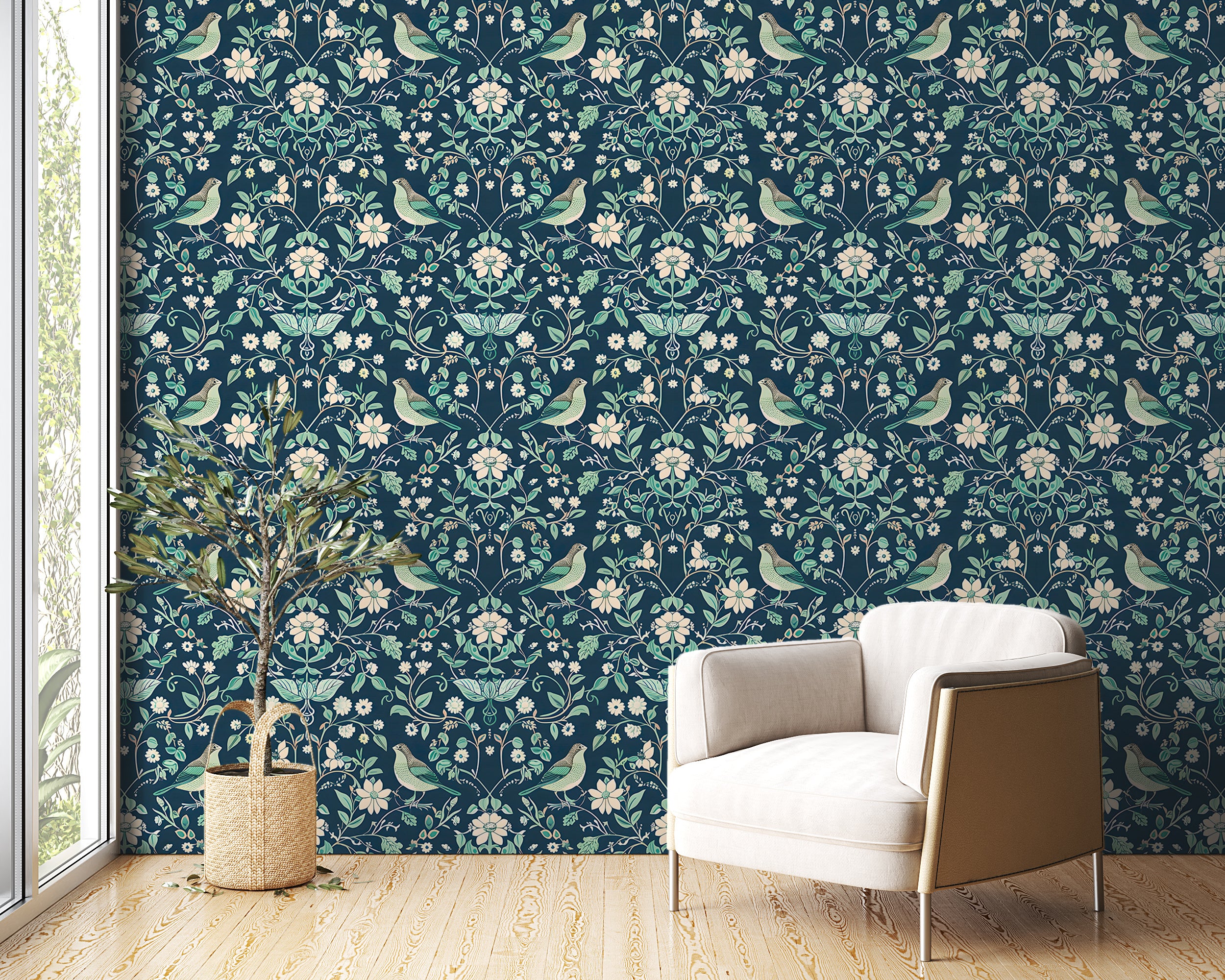 Mint and Navy Blue Chinoiserie Wallpaper, Peel and Stick Floral Wall Decal, Birds Flowers and Leaves Pattern Removable Wallpaper, Vintage Wall Art