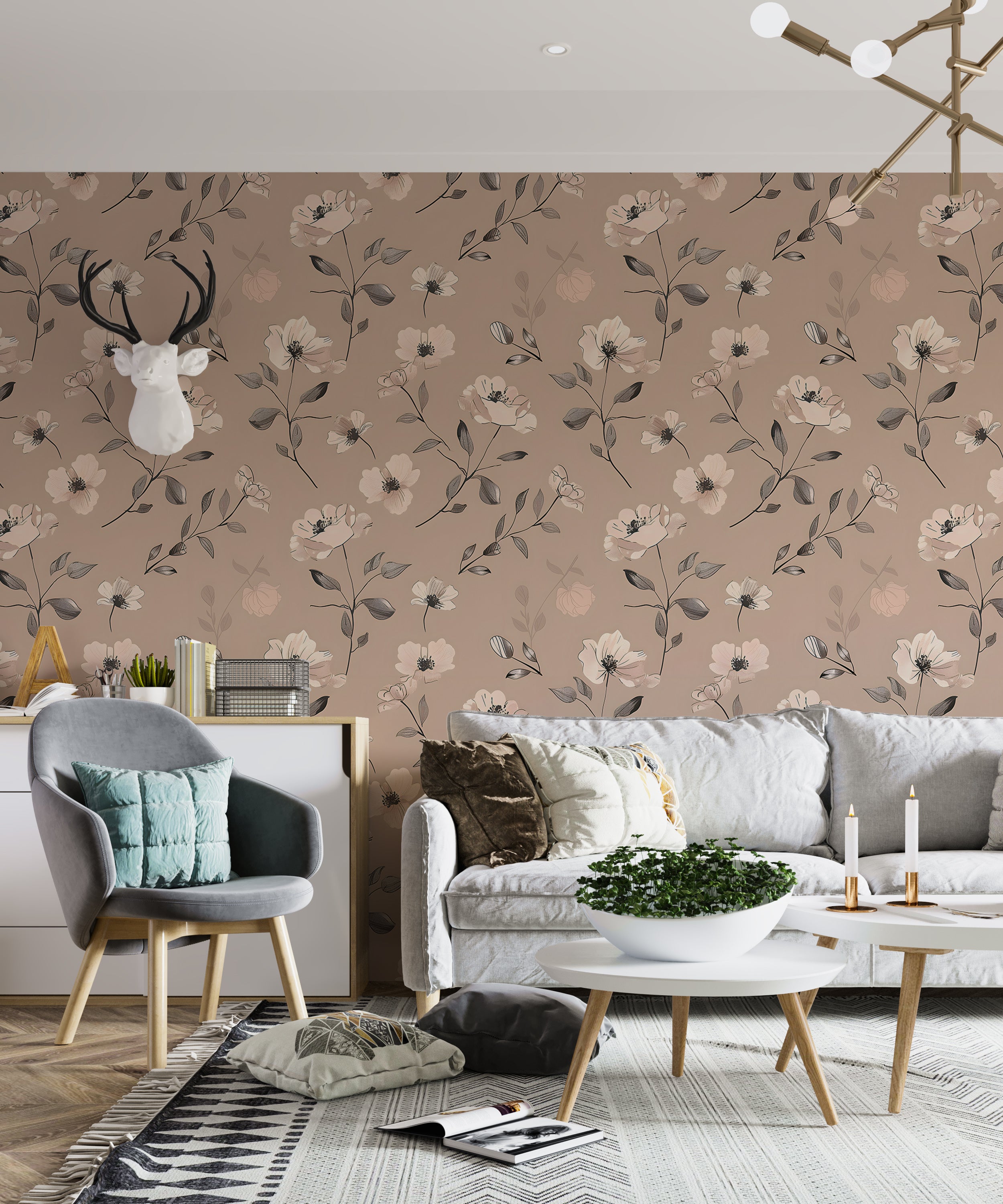 Watercolor Soft Pink Floral Wallpaper, Self-adhesive Dusty Rose Botanical Wall Decal, Meadow Flowers Removable Pastel Colors Wall Decor