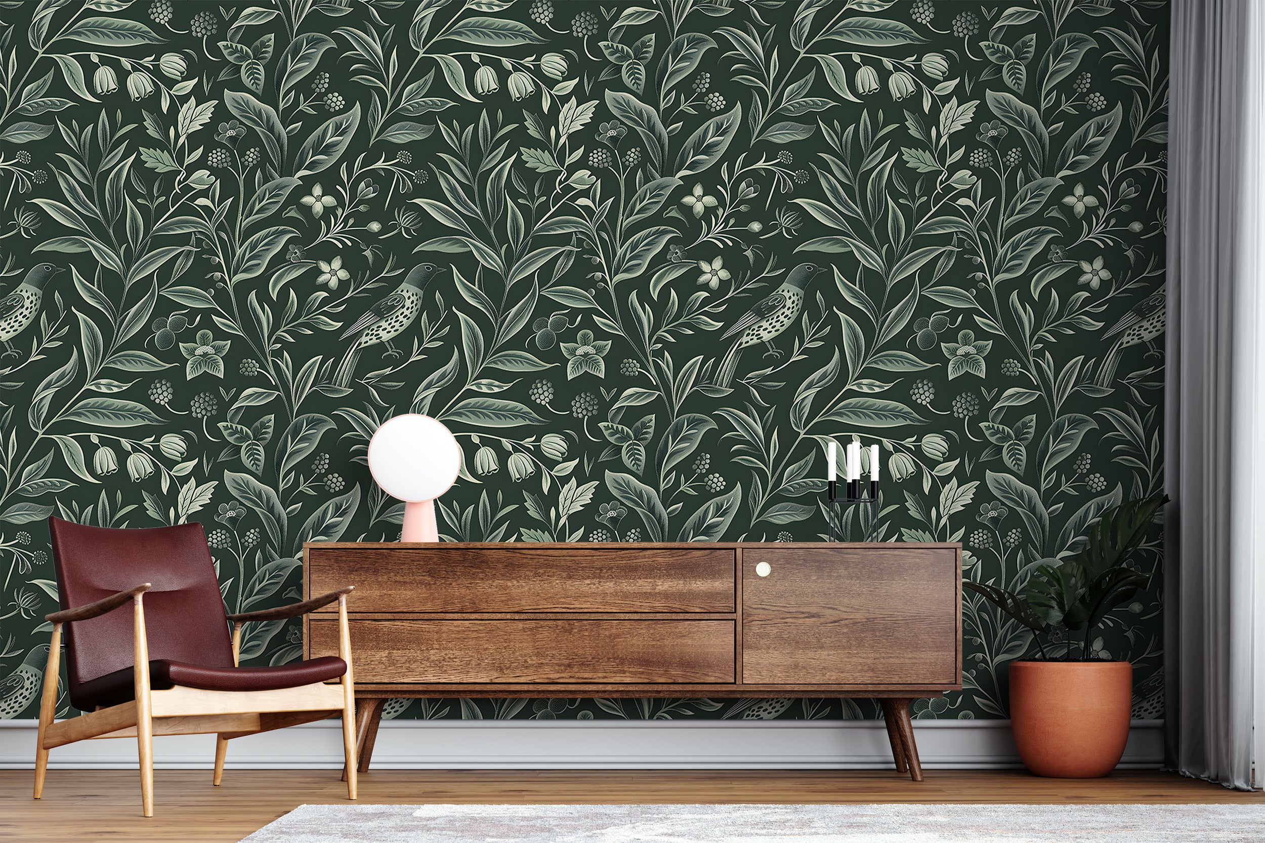 Vintage Green Floral Wallpaper, Dark Green Botanical Classic Wall Decal, Peel and Stick Chinoiserie Wallpaper, Removable Bird and Leaves Pattern