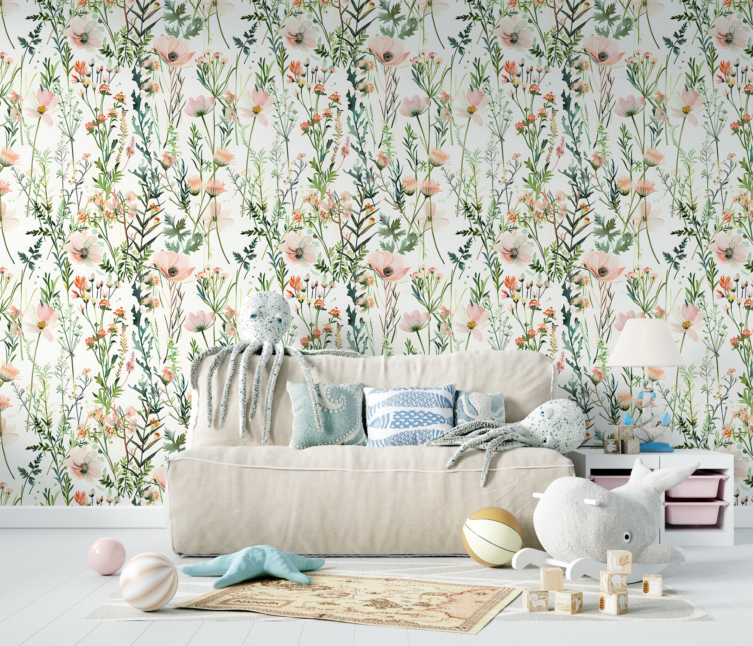 Wild Floral Wallpaper, Pastel Pink and Green Botanical Pattern, Watercolor Meadow Flowers Decal, Peel and Stick Minimalistic Light Floral Decor