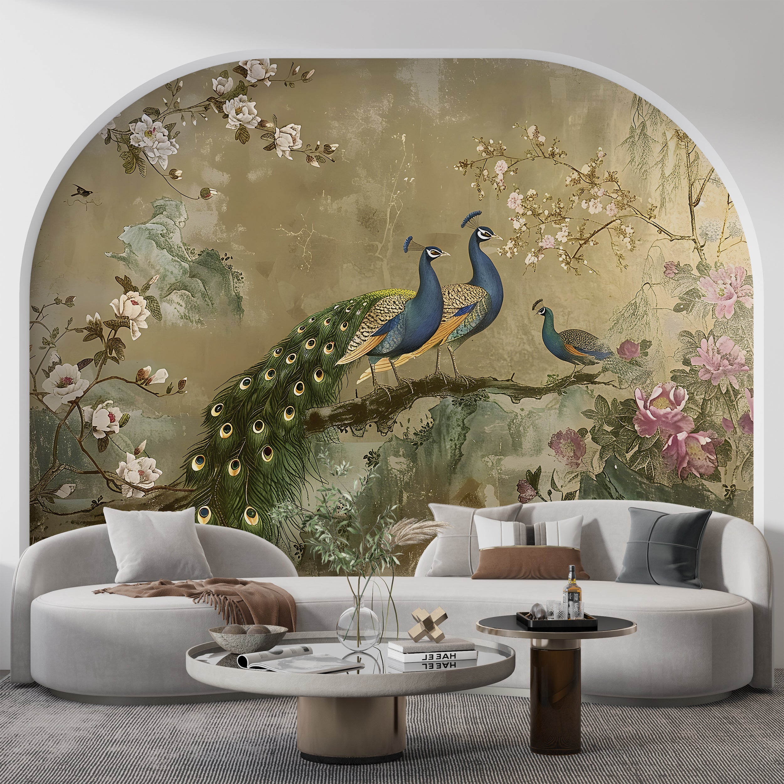 Chinoiserie Wallpaper, Colorful Peacock Wall Mural, Removable Vintage Golden Floral Wallpaper, Peel and Stick Classic Mural With Flowers and Birds