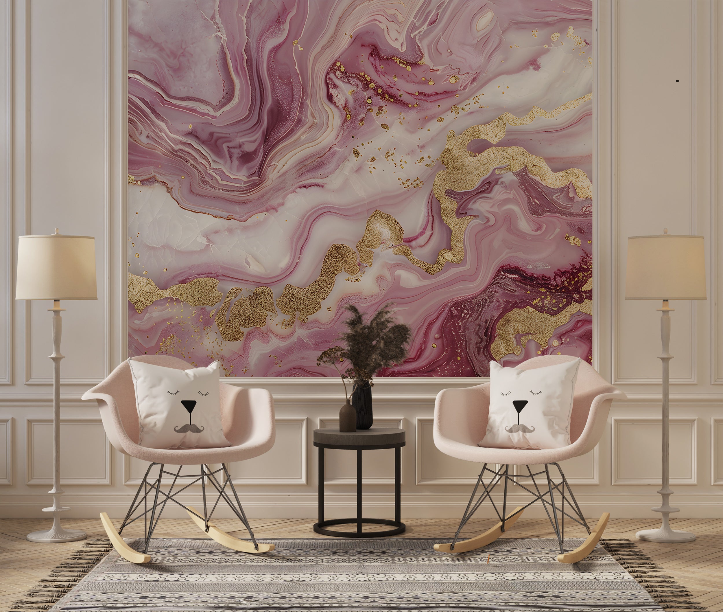 Pink and Gold Alcohol Ink Mural, Peel and Stick Abstract Wallpaper, Removable Modern Marble Texture Wall Decor, Unique Accent Wallpaper