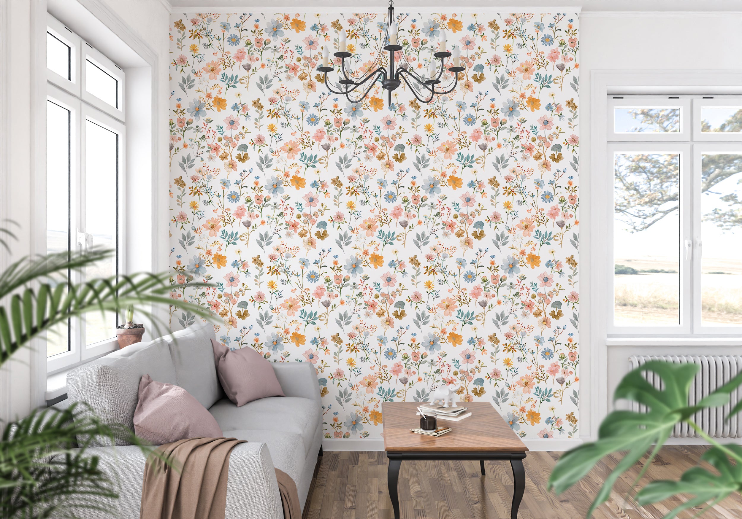 Soft Multi Color Floral Wallpaper, Pastel Meadow Flowers Wall Decal, Peel and Stick Light Botanical Wallpaper, Removable Field Wild Flower Pattern