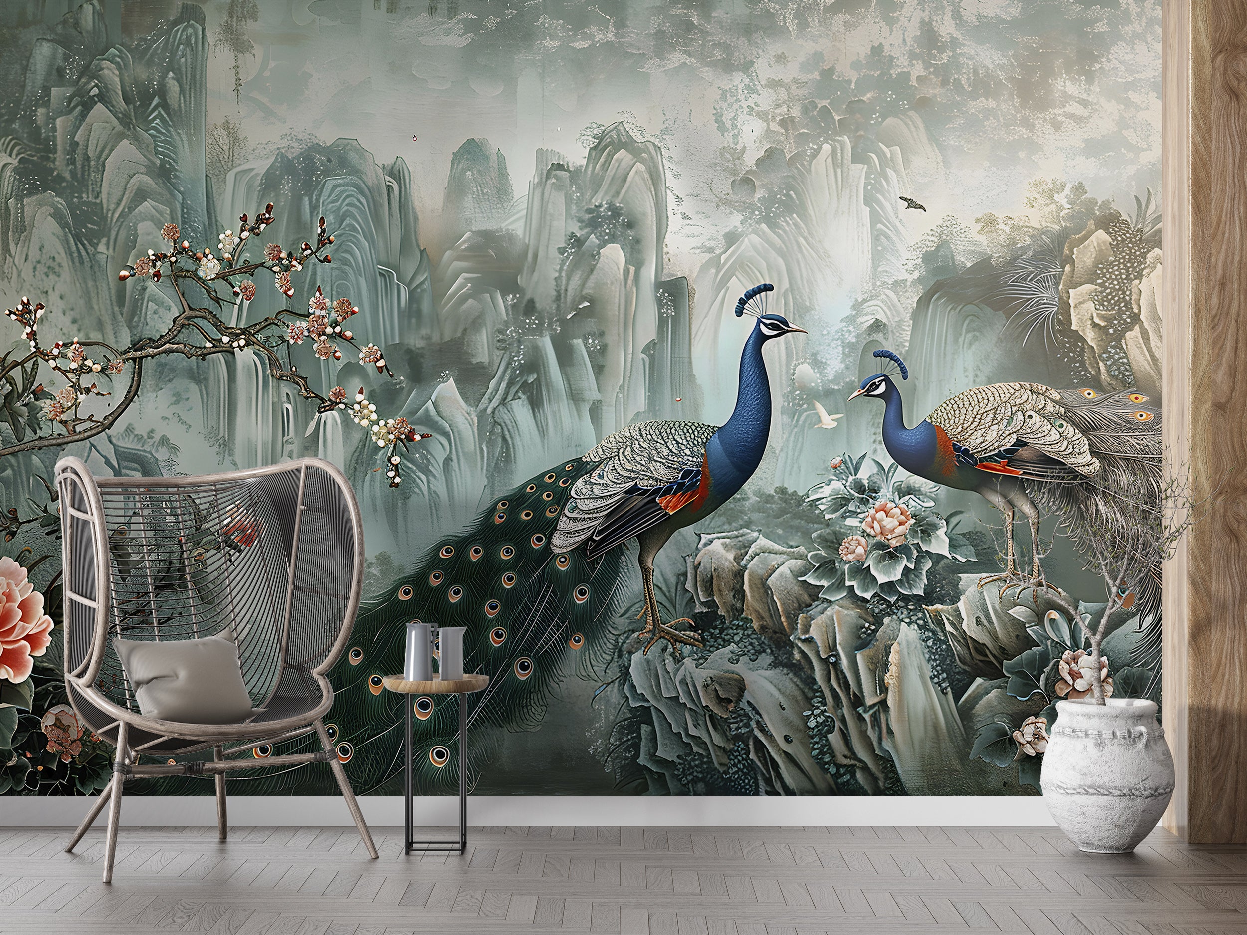 Green Chinoiserie Wallpaper, Peacock Wall Mural, Peel and Stick Abstract Chinese Art, Removable Vintage Decor with Birds and Flowers
