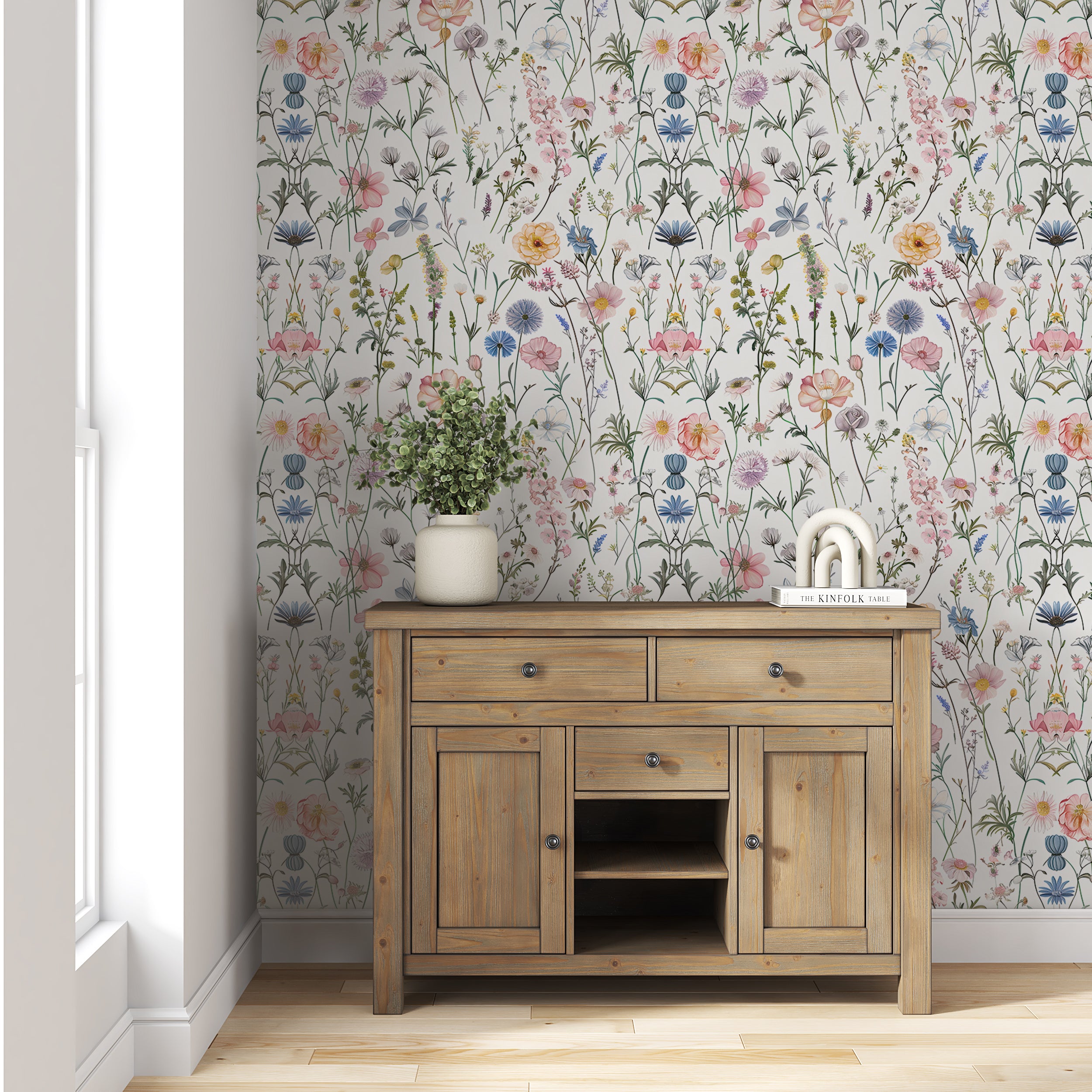 Delicate Flowers in Pastel Colors Wallpaper, Peel and Stick Light Floral Wall Decal, Wild Meadow Flower Pattern Wallpaper, Removable PVC-free