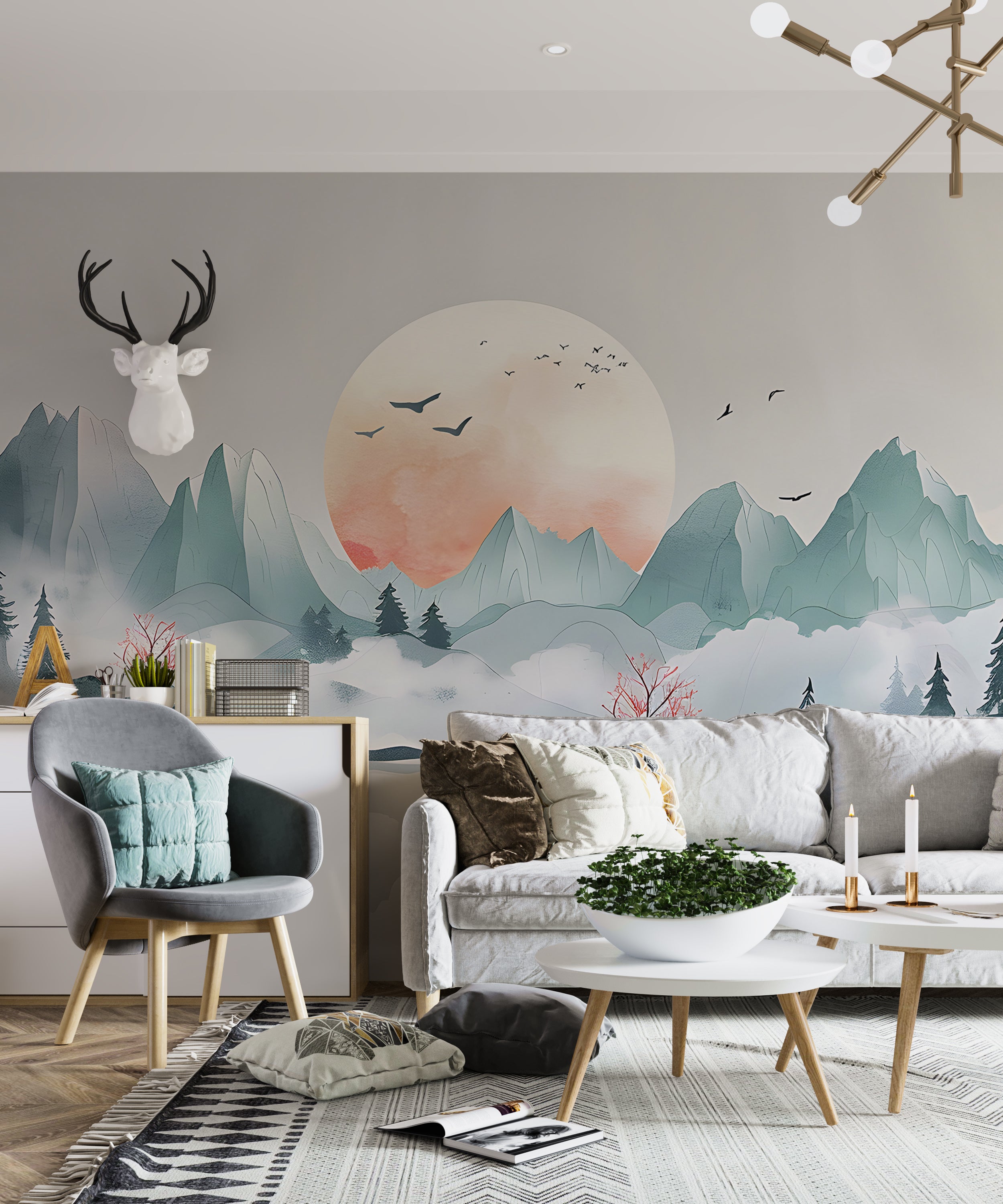 Japanese Abstract Landscape Mural, Peel and Stick Pastel Green Mountains Wallpaper, Foggy Mountain Sunset Watercolor Wall Mural