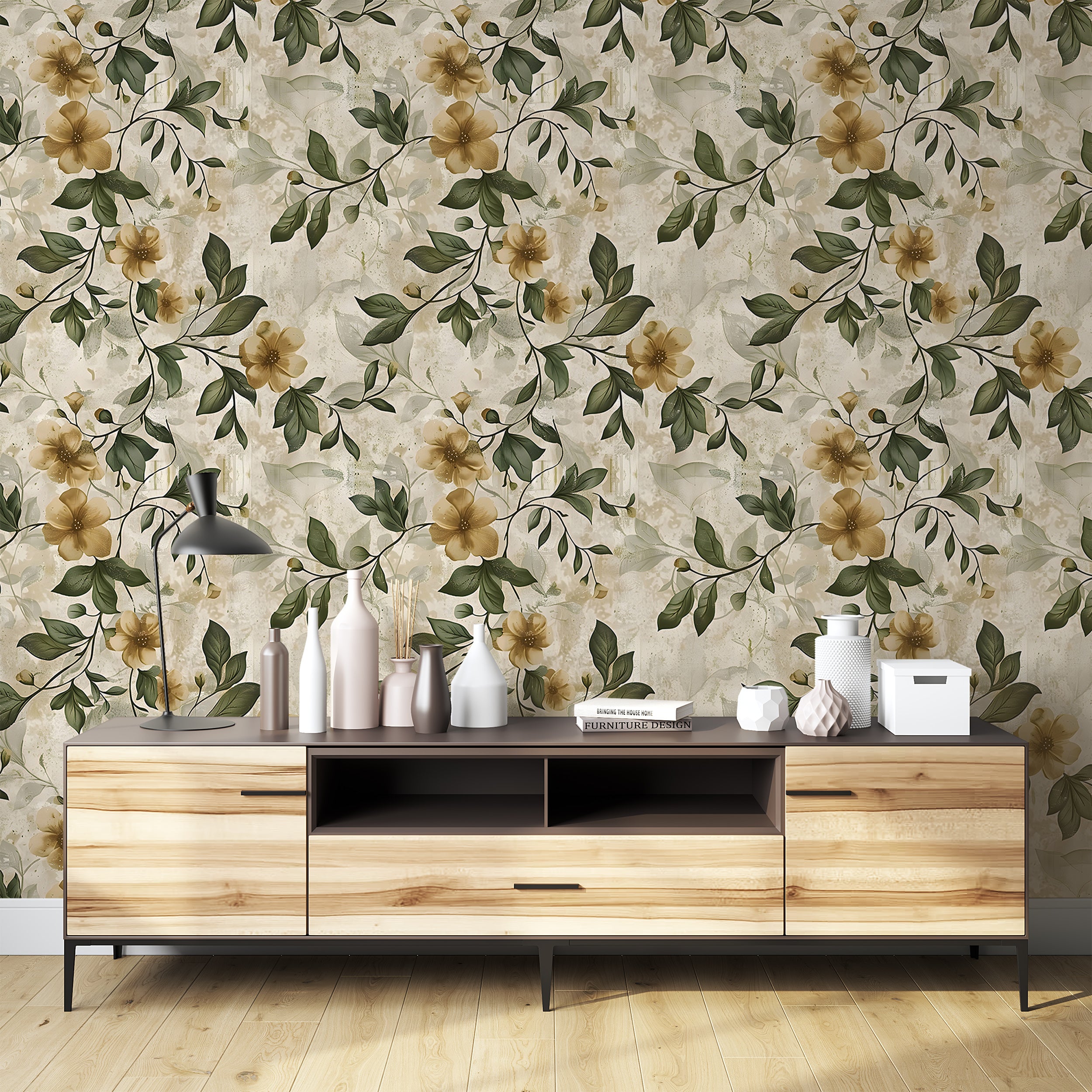 Rustic Beige and Green Floral Wallpaper, Vintage Peel and Stick Botanical Wall Decal, Removable Flowers and Leaves Old Style Wallpaper