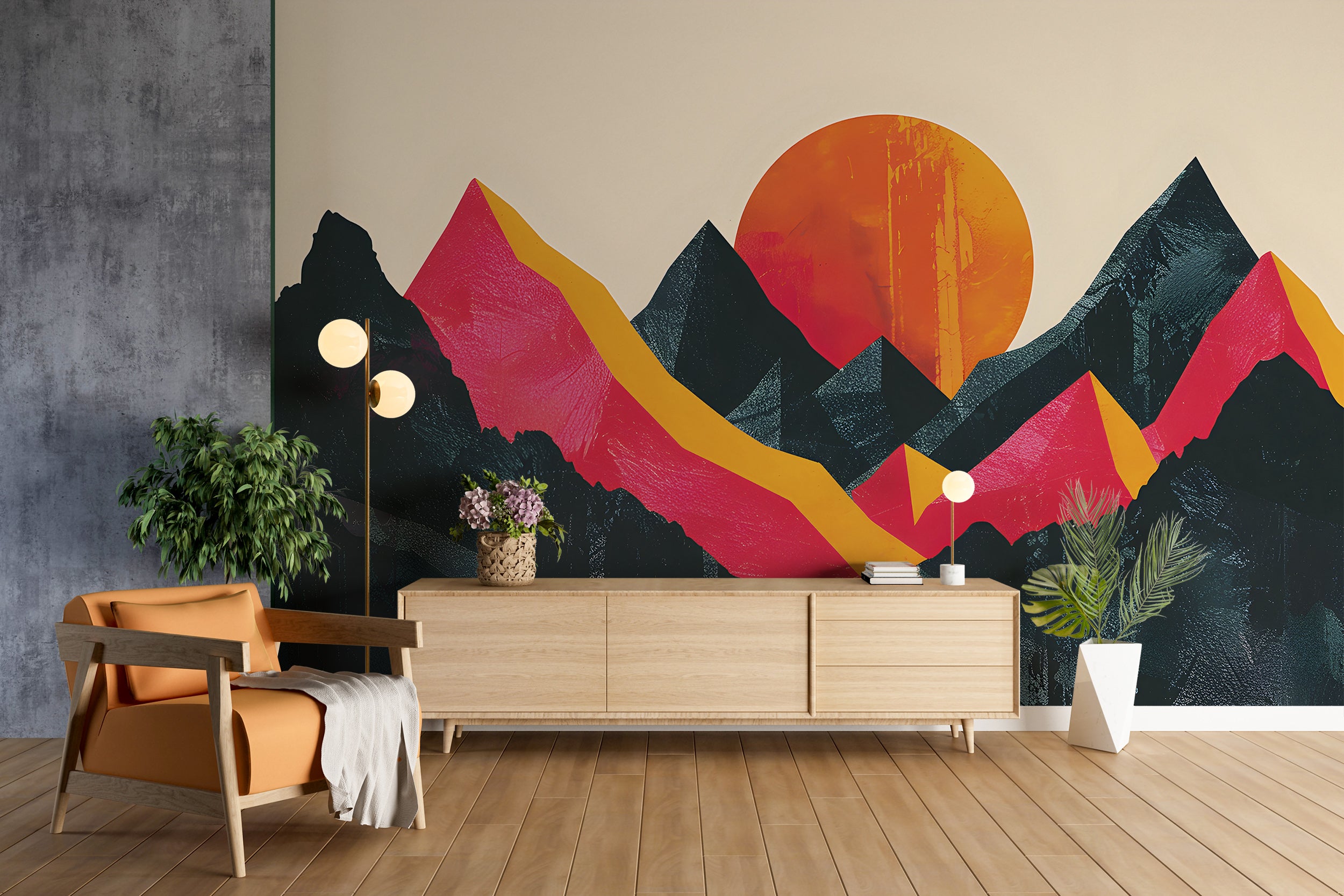Abstract Landscape in Pop Art Style Mural, Peel and Stick Mountain Sunset Wallpaper, Modern Accent Wall Art, Green and Orange Decor