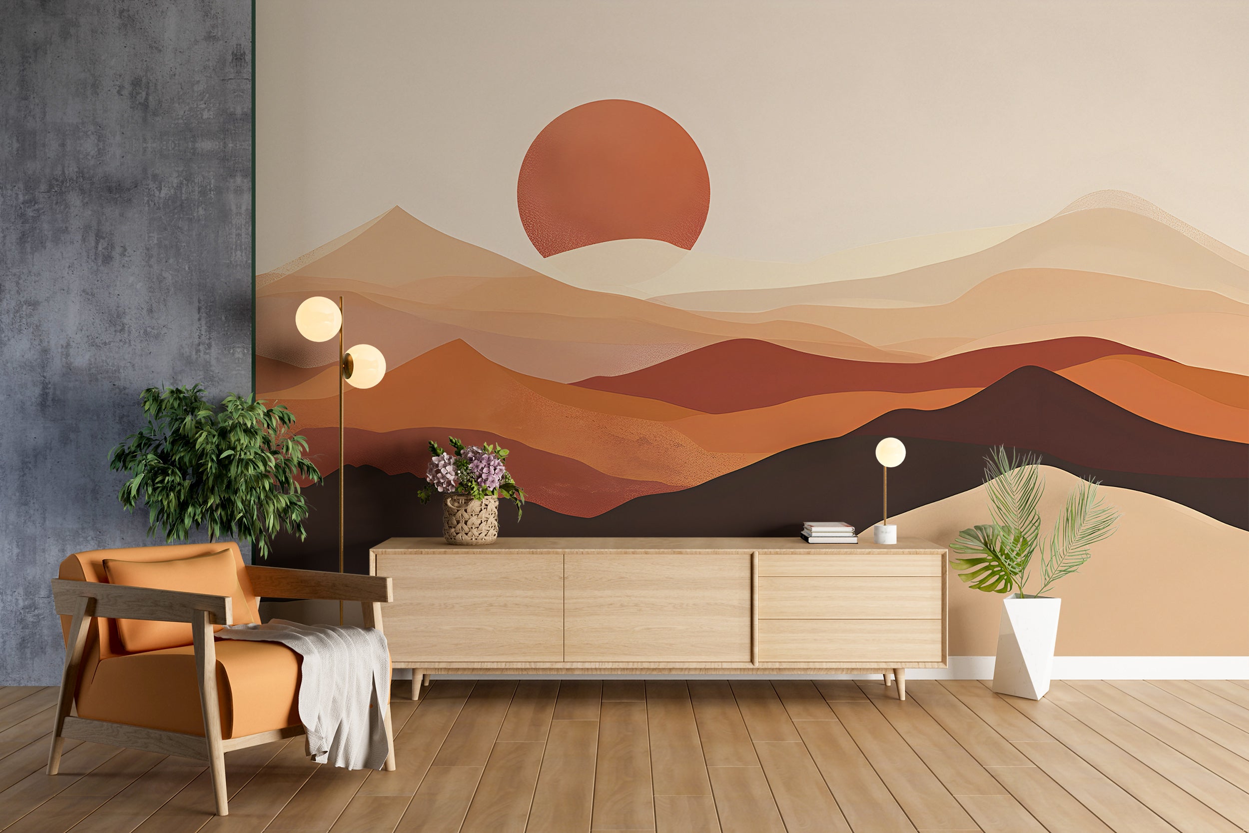 Minimalistic Desert Wall Mural, Peel and Stick Watercolor Sand Dunes Wallpaper, Abstract Mountain Sunset Mural, Beige and Brown Boho Mural