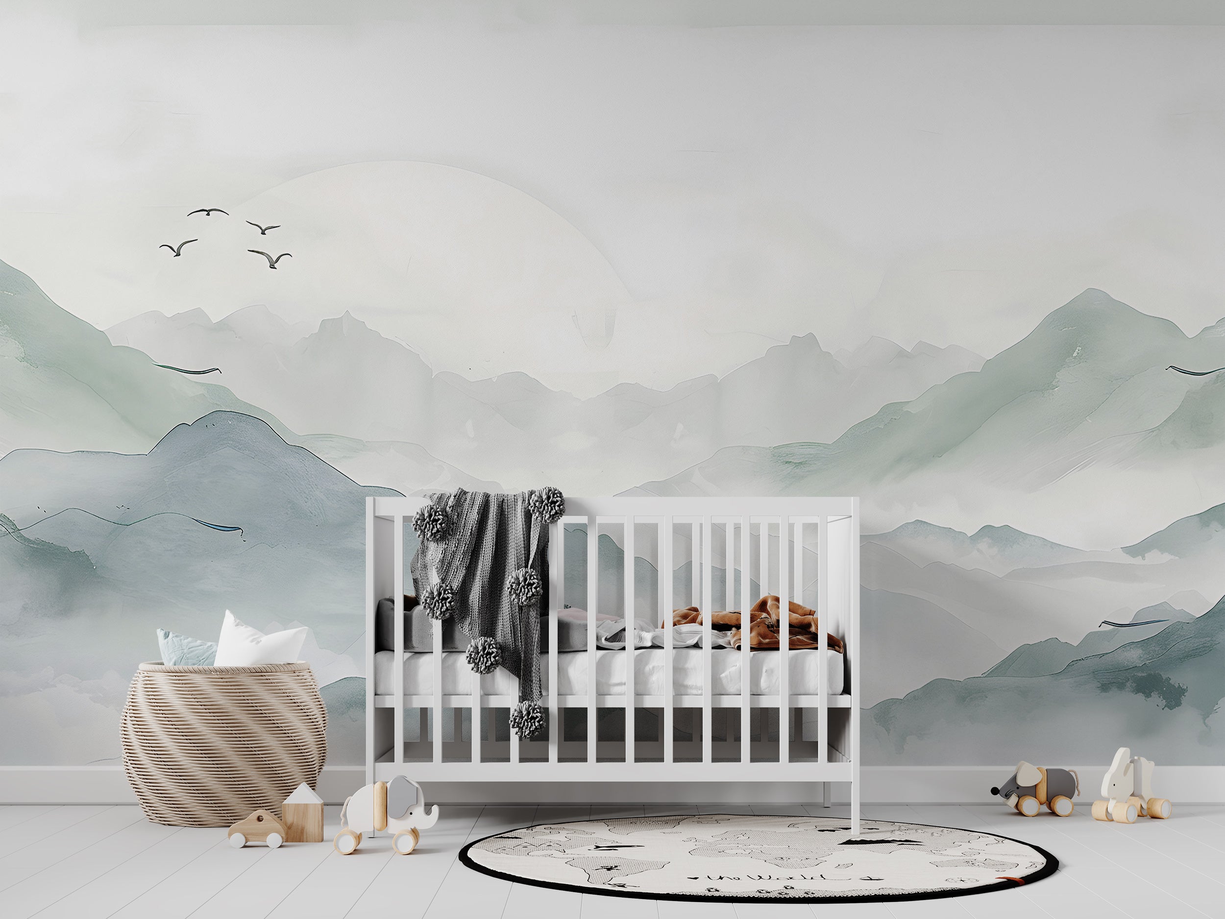 Pastel Mint Mountain Landscape Wall Mural, Self-adhesive Soft Green Japanese Nature Wallpaper, Removable Minimalistic Nursery Wall Decal