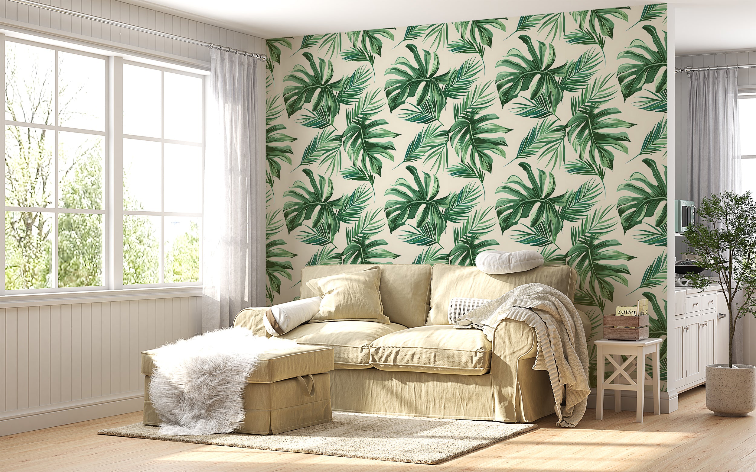 Palm Leaves Wallpaper, Green and Beige Tropical Wall Decal, Peel and Stick Palms Wallpaper, Removable Jungle Floral Wall Decor