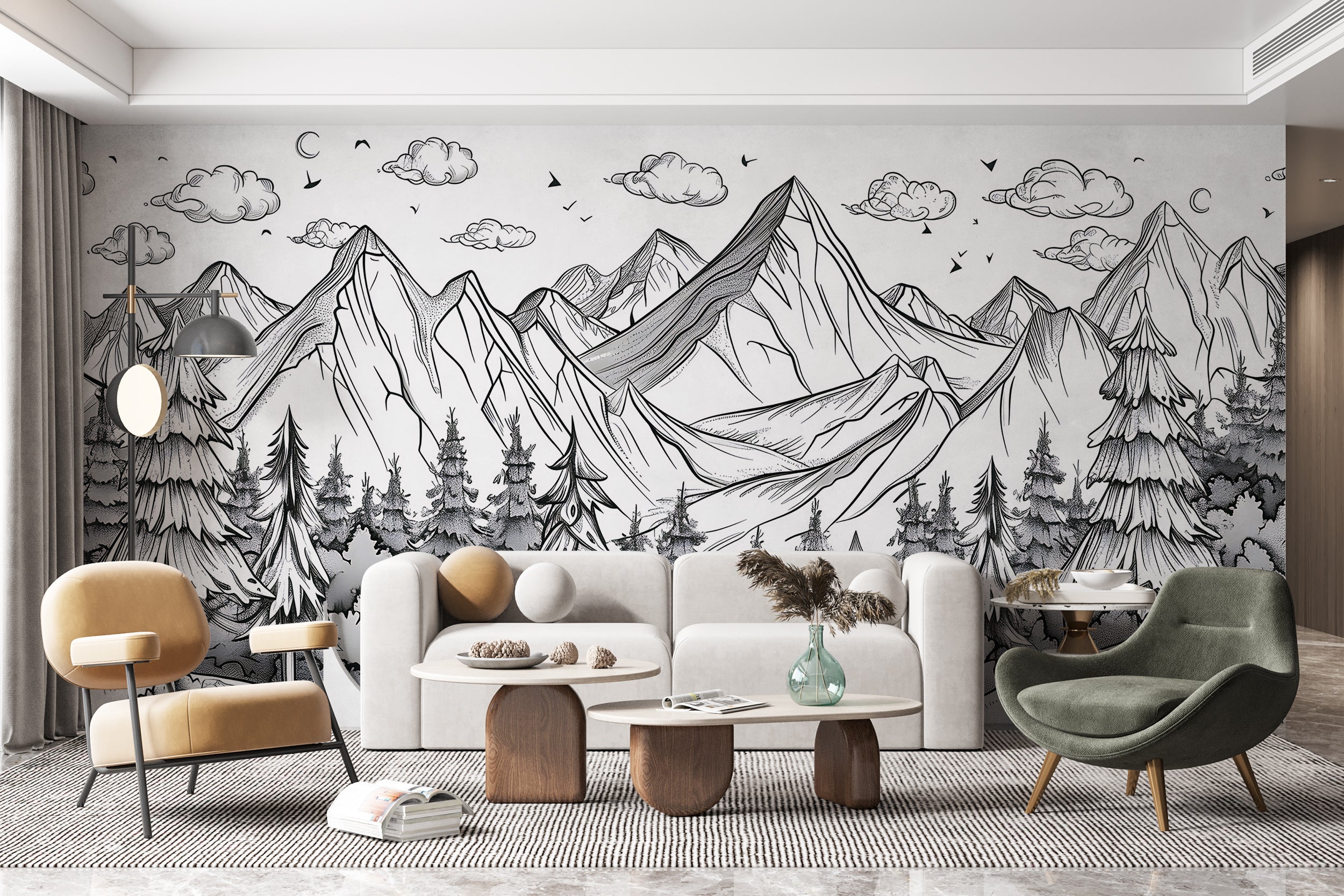 Mountains and Forest in Doodling Style Mural, Peel and Stick Nature Landscape Sketch Wallpaper, Black&White Cartoon Landscape Decor