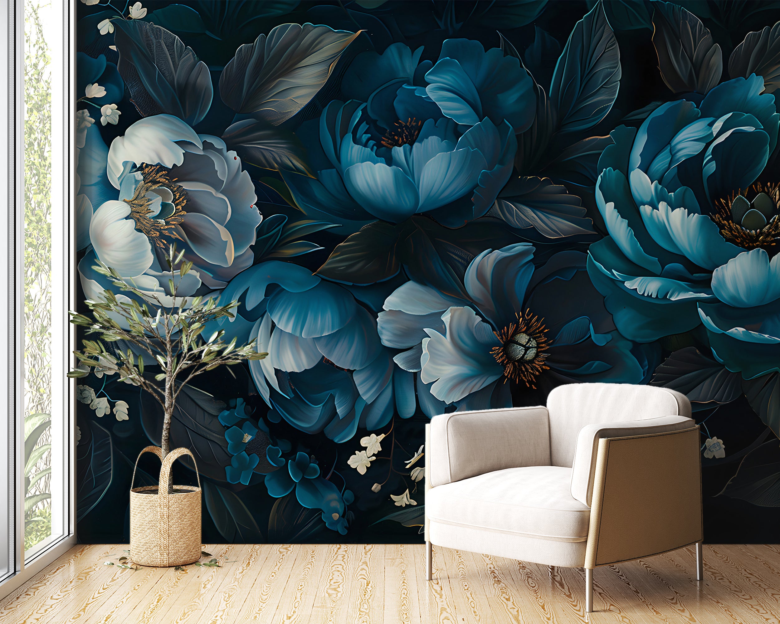 Dark Blue Peonies Mural, Peel and Stick Large Flowers Wallpaper, Removable Deep Blue Floral Wall Decal, Peony Accent Wall Art, PVC free Decor