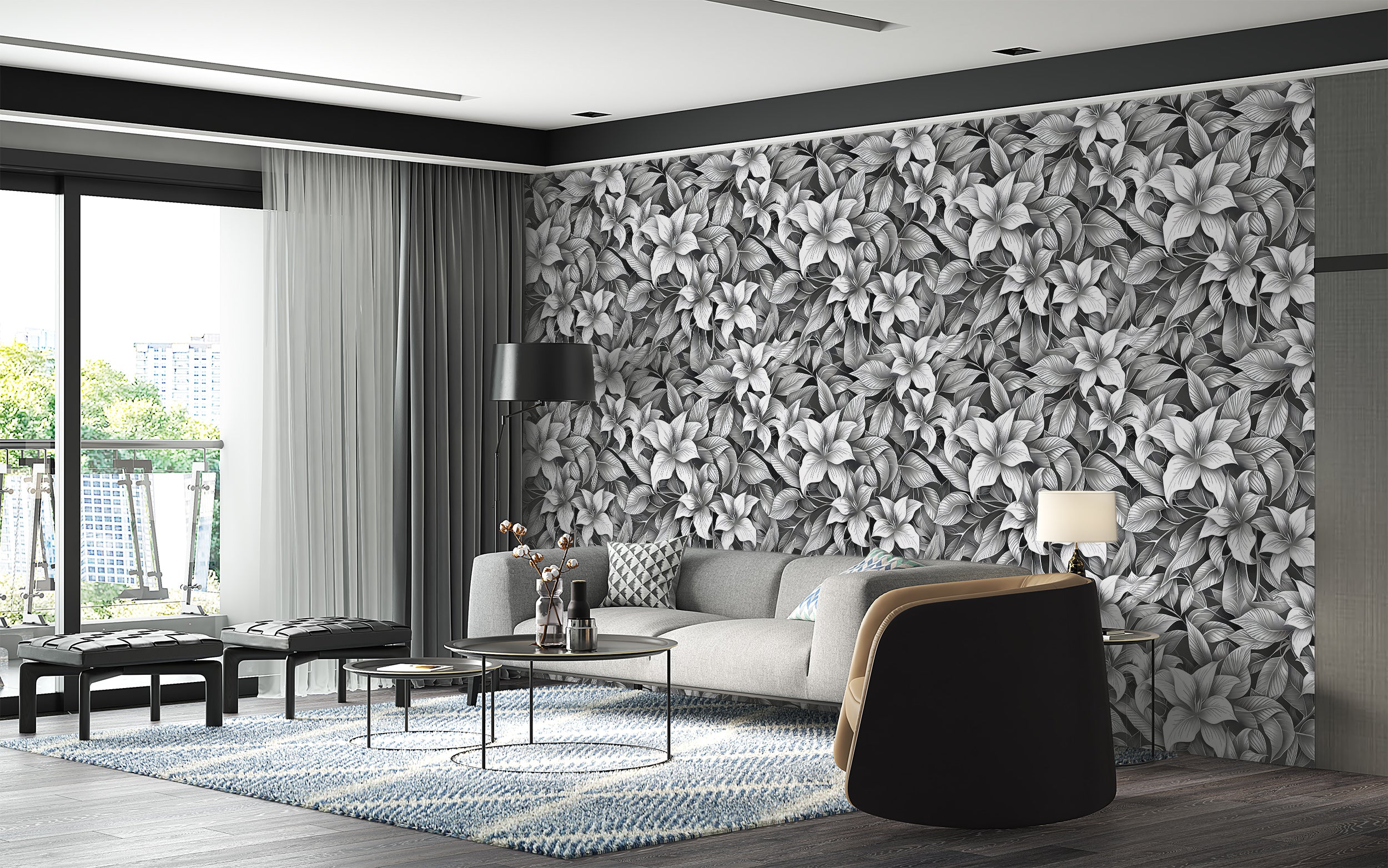 Stippling Style Floral Wallpaper, Peel and Stick Monochrome Flowers Decal, Black and White Floral Wallpaper, Removable Flower Pattern