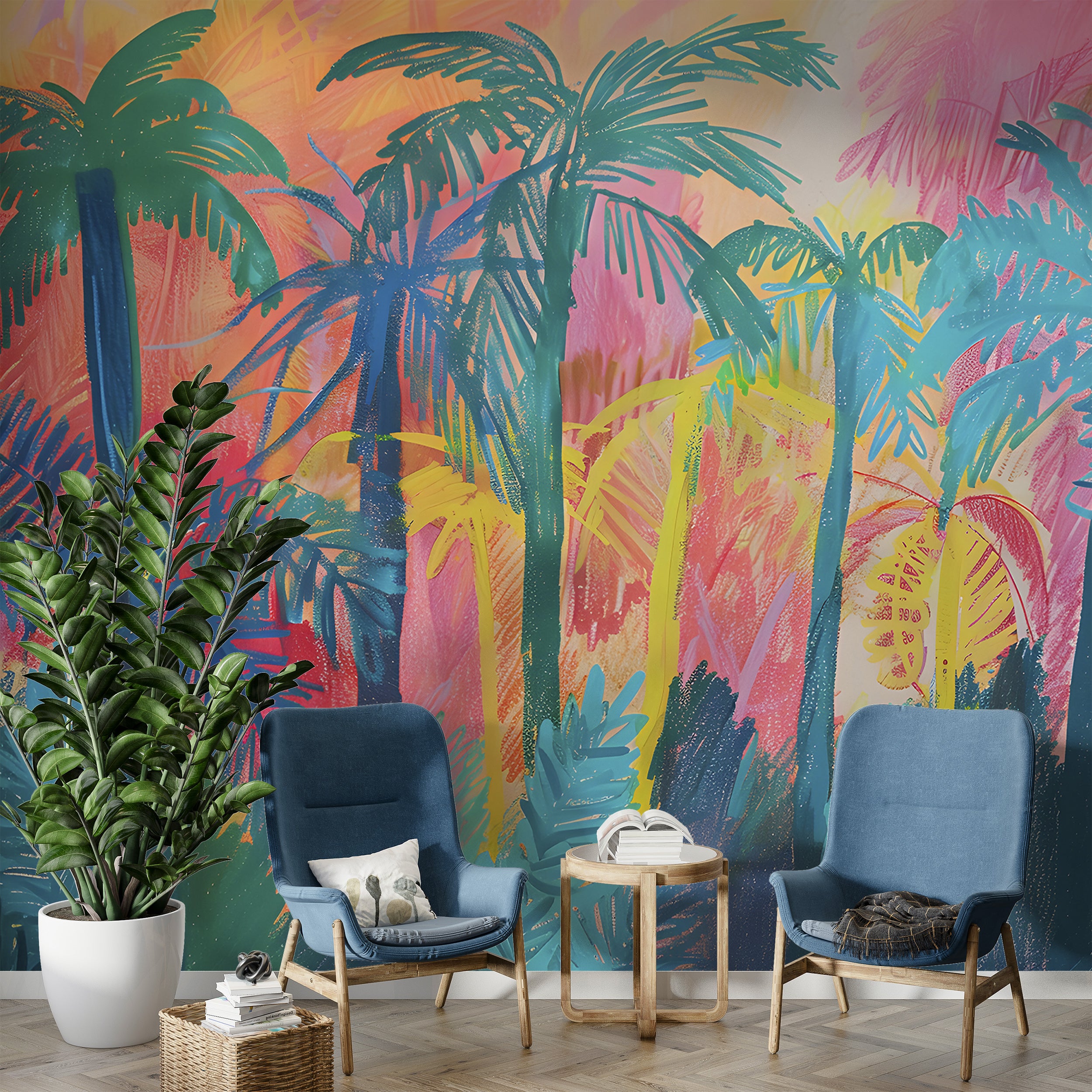 Colorful Palm Trees in Crayon Drawing Style Mural, Peel and Stick Tropical Wallpaper, PVC-free Abstract Palms Wall Mural, Nursery Decal