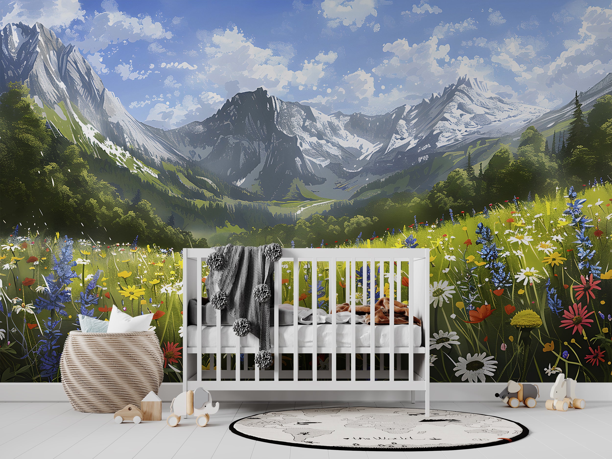 Colorful Flower Field Mural, Peel and Stick Mountain Wild Flower Field Wallpaper, Removable Nature Mural, Watercolor Floral Landscape Wall Decal