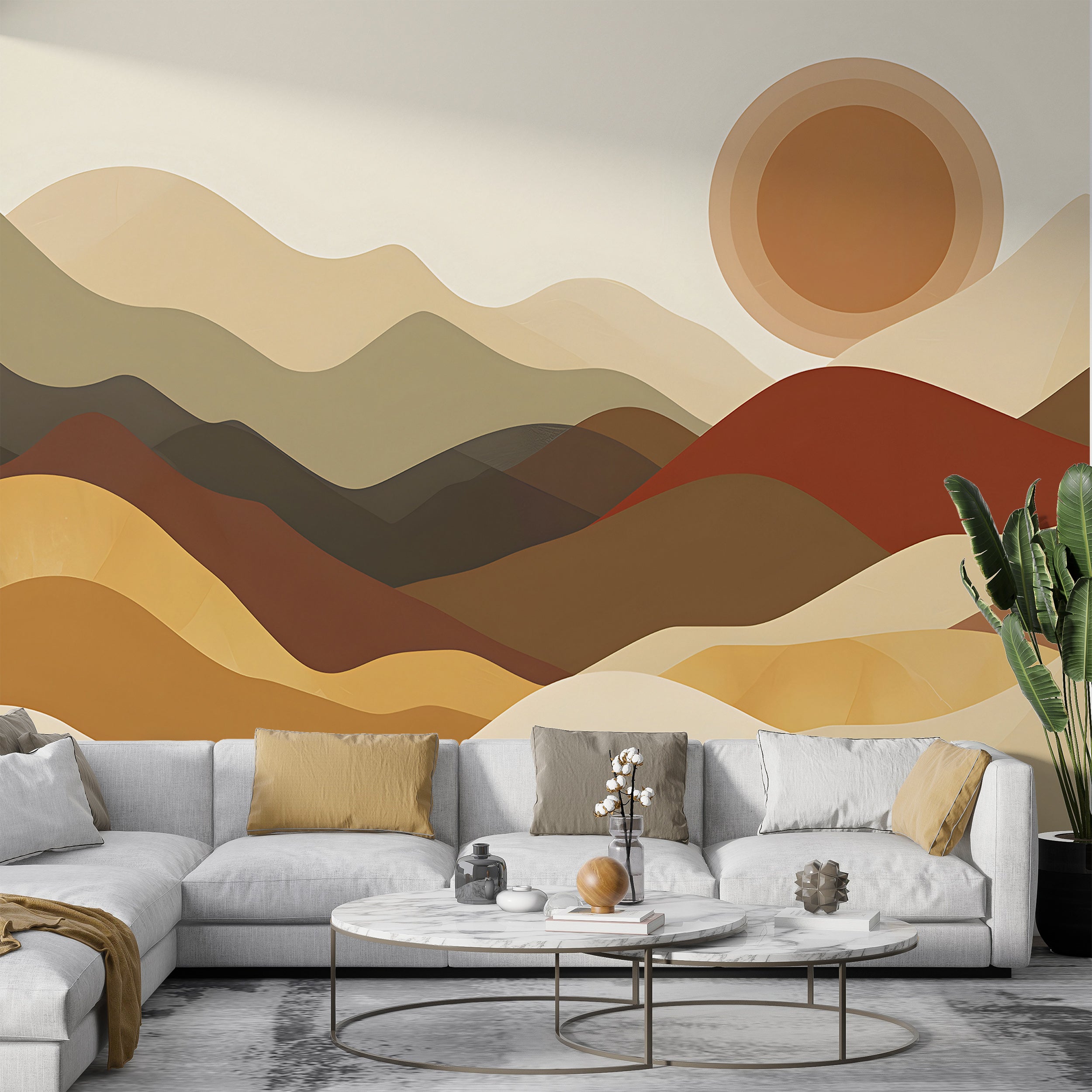 Boho Style Mountains Sunset Mural, Beige and Brown Watercolor Mountain Landscape, Nursery Peel and Stick Abstract Sand Dunes