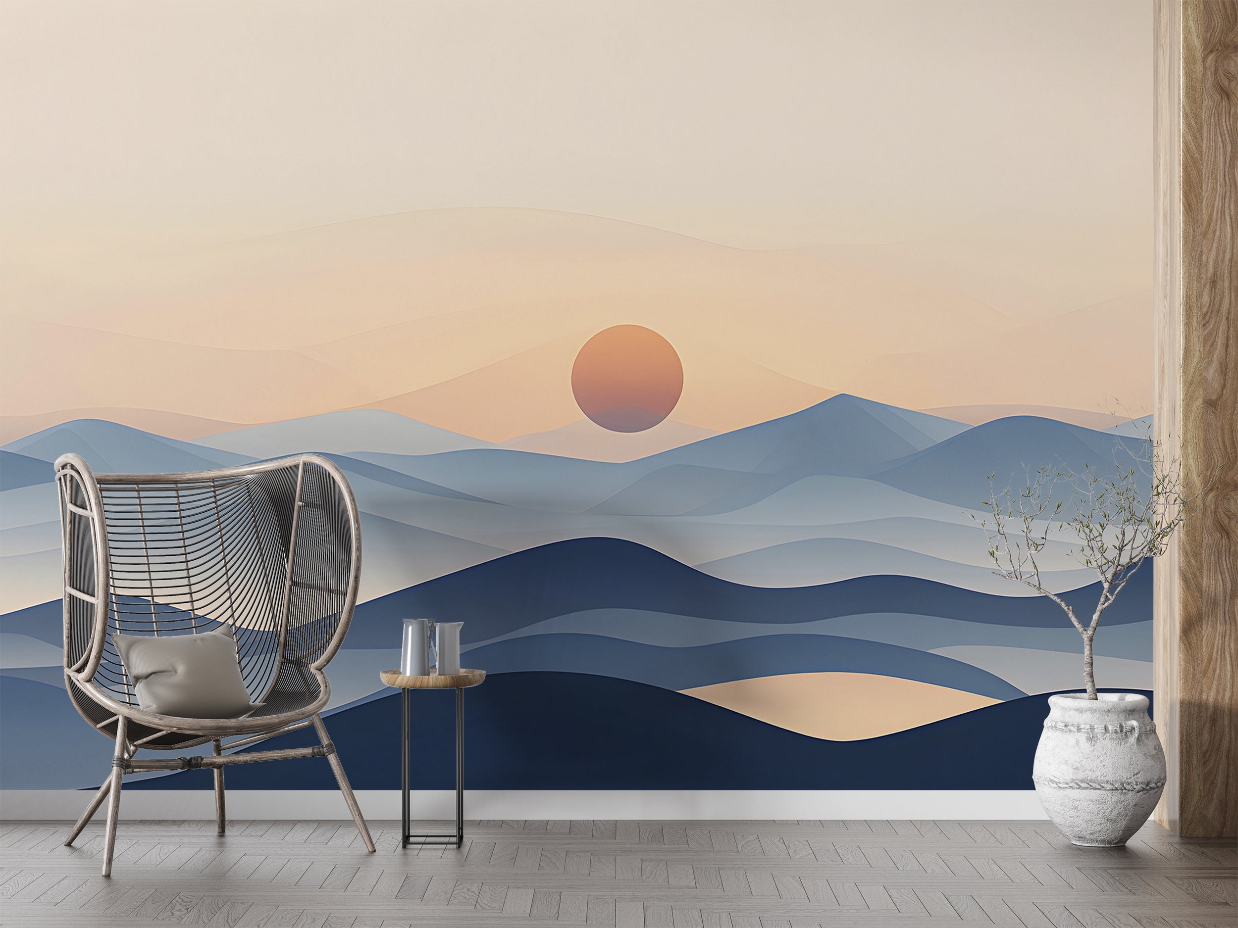 Minimalistic Abstract Blue Mountains Wall Mural, Watercolor Landscape Self-adhesive Wallpaper in Pastel Colors, Bathroom Accent Wall Art