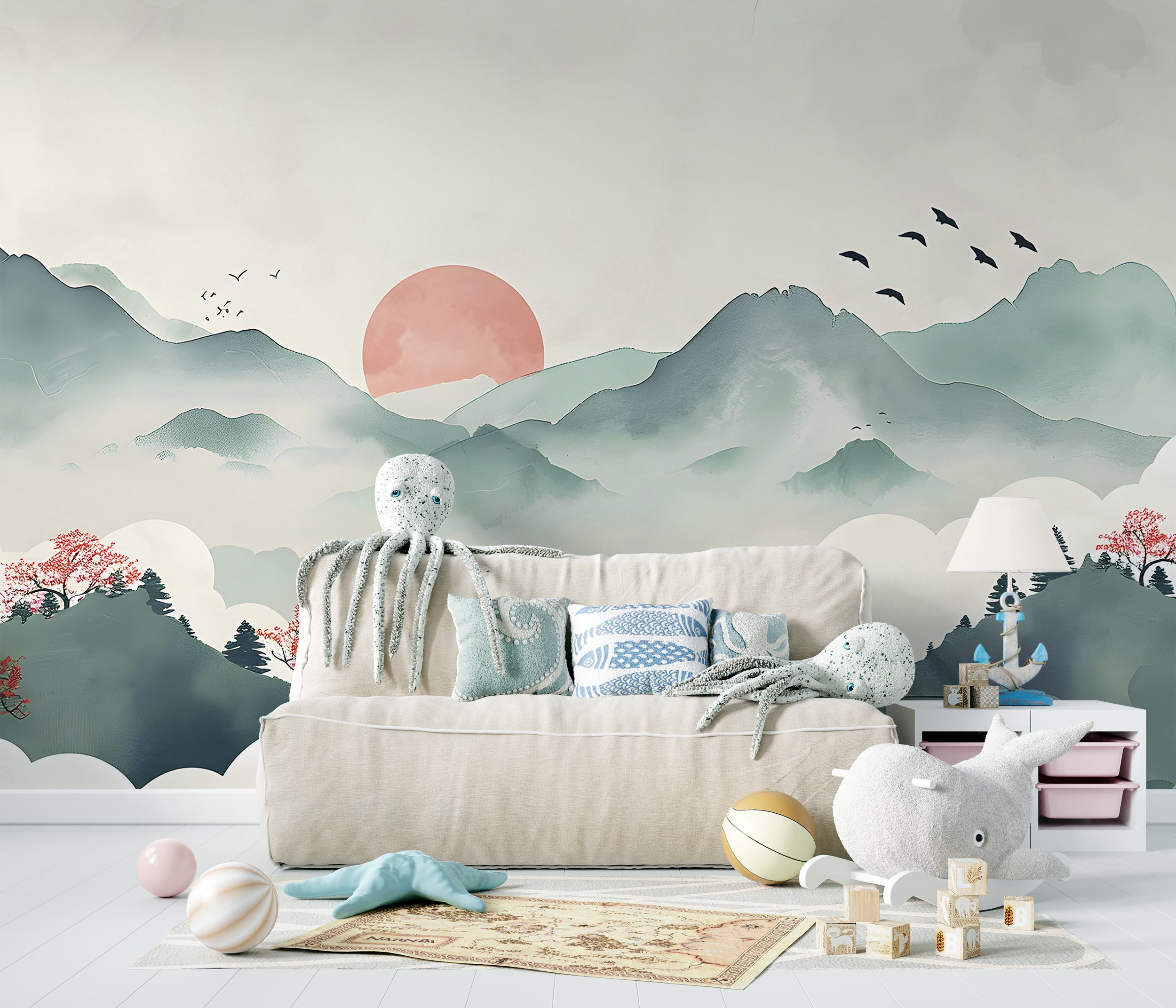 Red Sun Behind Green Mountains Mural, Watercolor Japanese Landscape Wallpaper, Peel and Stick Soft Colors Accent Wall Removable Wall Decal