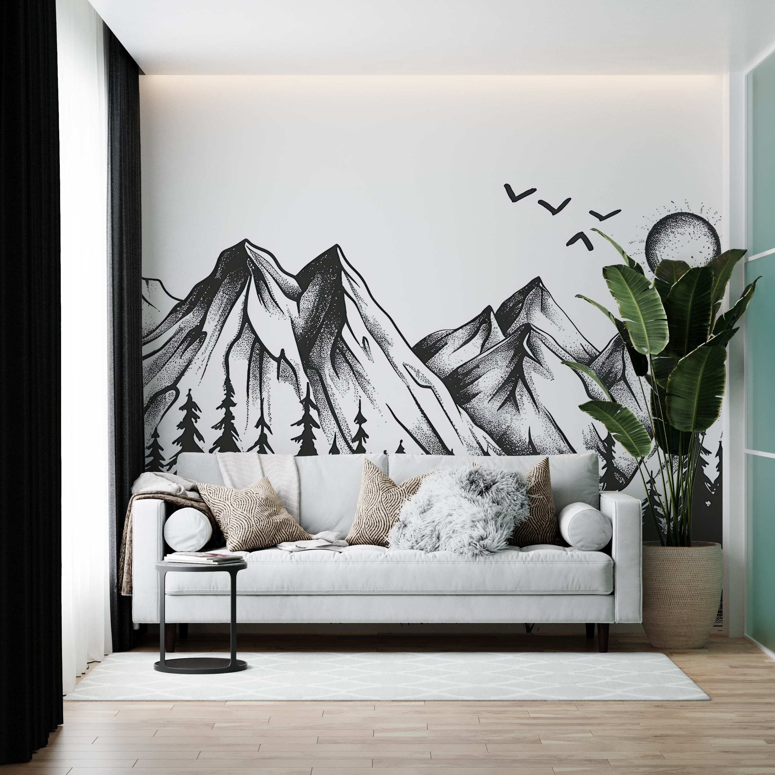 Mountains and Forest in Doodling Style Mural, Black and White Wild Nature Landscape Wallpaper, Peel and Stick Birds Sun Mountains Art