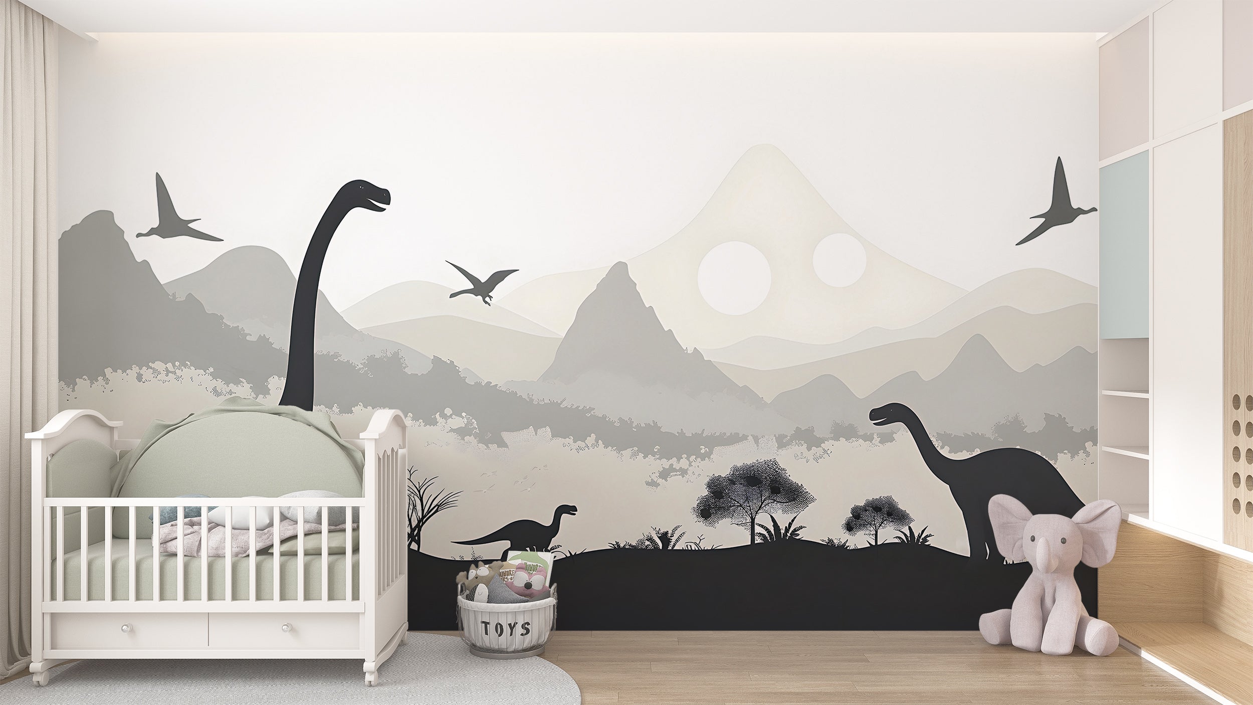 Dinosaurs Nursery Wall Mural, Ancient World Life Wallpaper, Peel and Stick Mountains Grey Playroom Mural, Custom Size Removable Decal