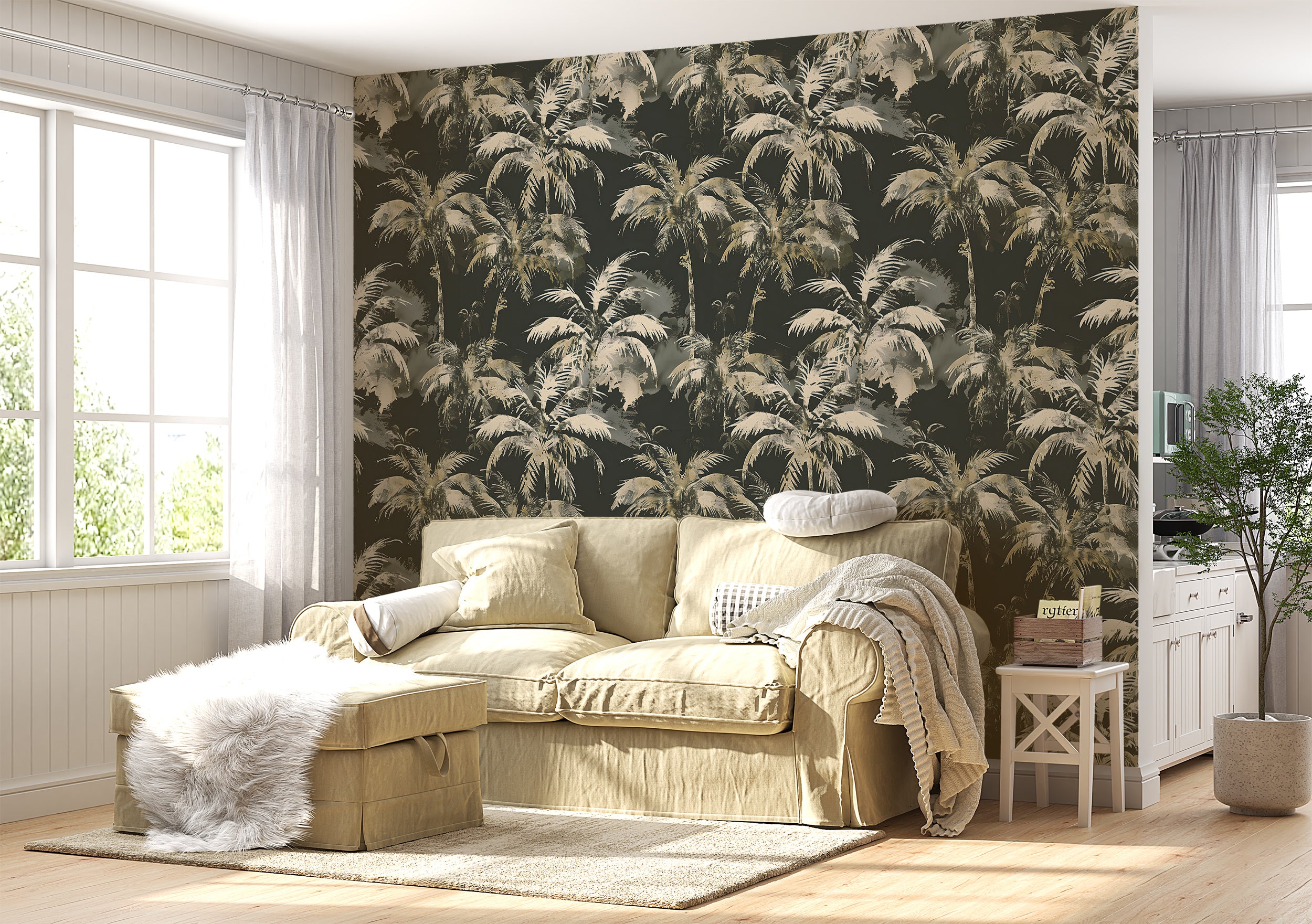 Palm Leaves Dark Wallpaper, Green and Beige Tropical Wall Decal, Peel and Stick Palm Tree Wallpaper, Removable Coastal Botanical Decor