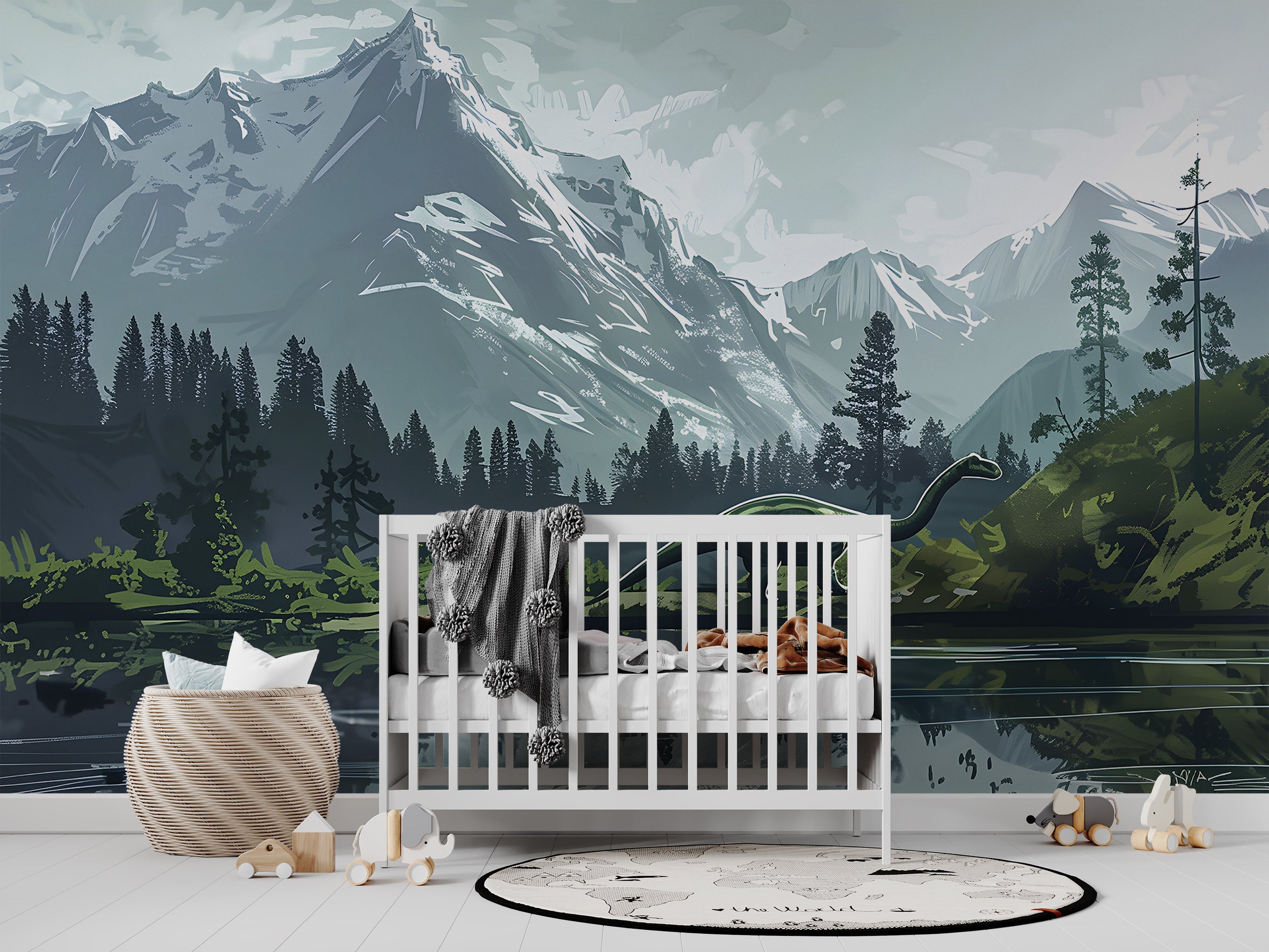 Watercolor Mountains and Forest Mural, Dinosaur Wall Mural, Nursery Peel and Stick Wild Nature Landscape, Removable Decal