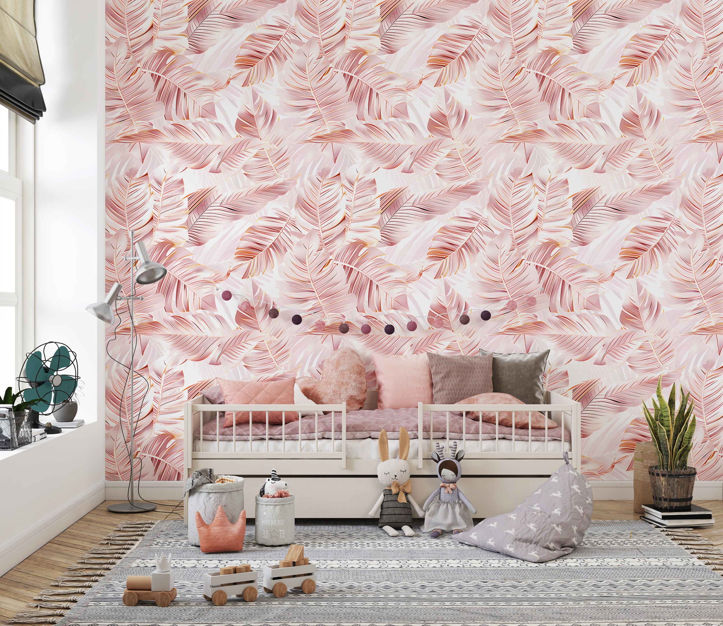 Palm Leaves in Gold Rose Colour Wallpaper, Peel and Stick Pink Tropical Decal, Removable Coastal Botanical Wallpaper, Soft Pink Palm Tree Leaf Pattern