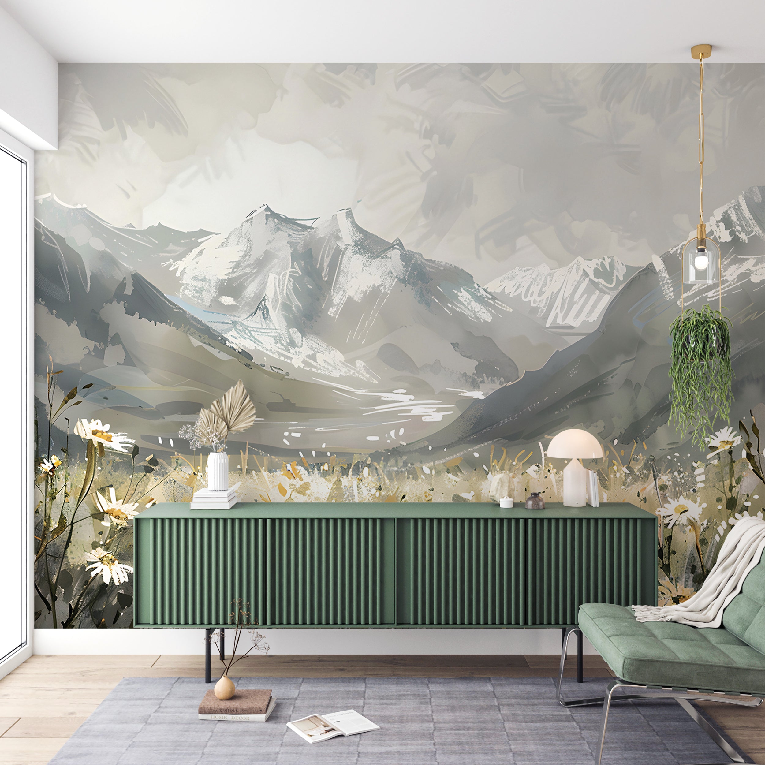 Watercolor Mountain Field Mural, Meadow Flowers in Natural Colors Wallpaper, Peel and Stick Wild Nature Landscape Mural, Grey Mountains Decal