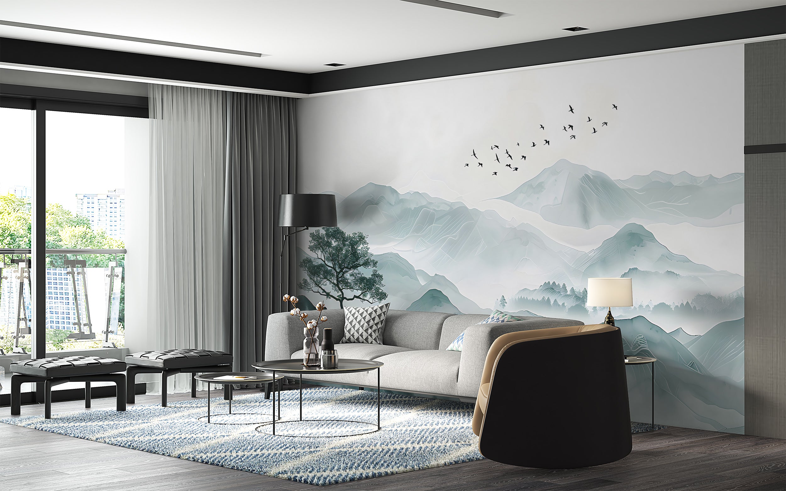 Bird Swallow and Mountains Mural, Peel and Stick Soft Green Misty Mountain Landscape Wallpaper, Abstract Foggy Nature Wall Decal
