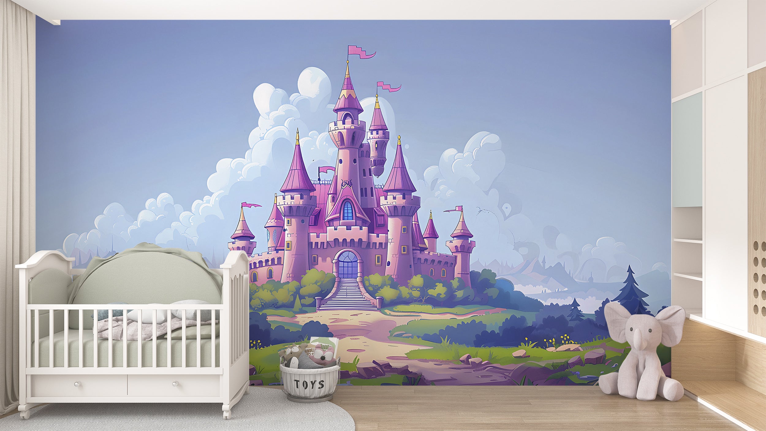 Pink Princess Castle Mural, Peel and Stick Nursery Dreamy Castle Wallpaper, Cartoon Style Kids Room Colorful Castle, PVC free Removable Decal
