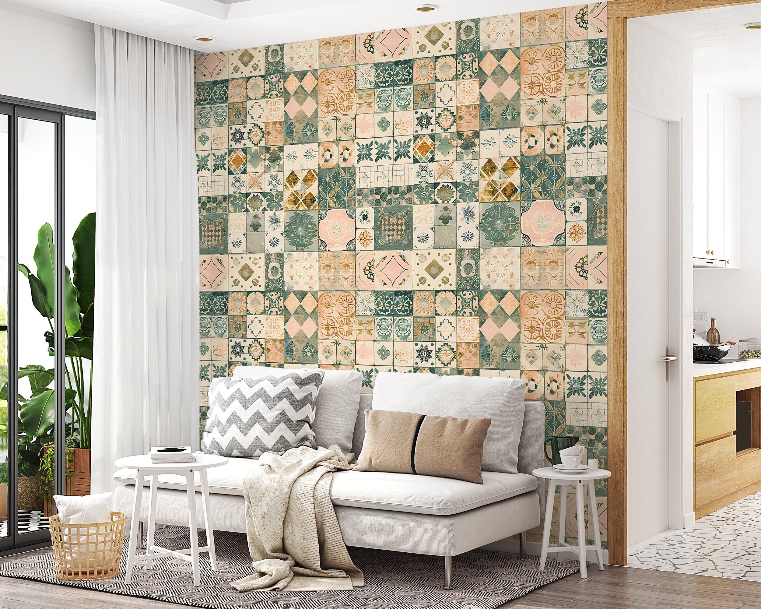 Moroccan Wallpaper, Patchwork Tiles Wallpaper, Green and Beige Tiles Wall Decal, Peel and Stick Watercolor Rustic Tiles Decor