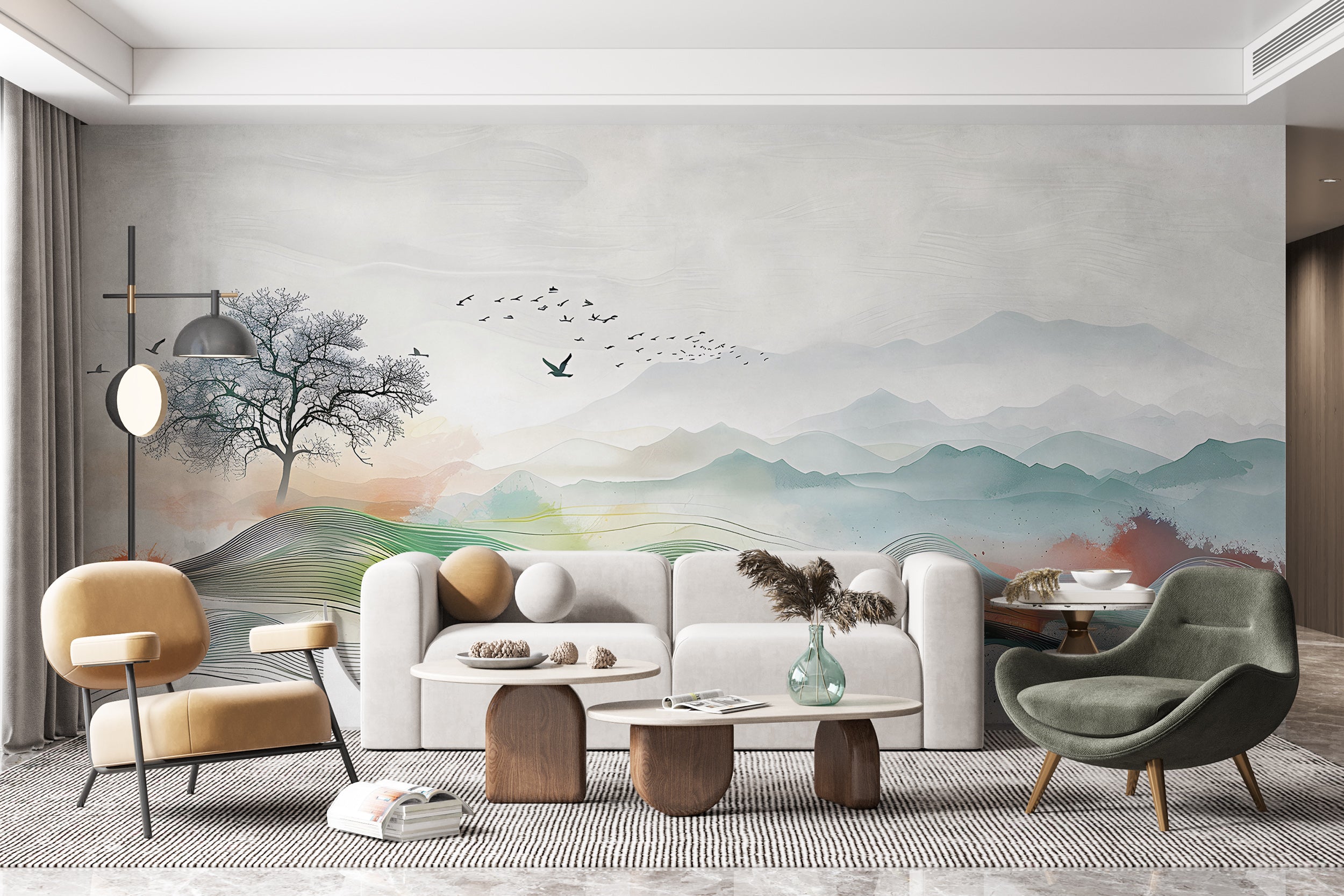 Abstract Landscape Wall Mural, Watercolor Nature Mural, Colorful Landscape Tree and Birds Wallpaper, Peel and Stick Minimalistic Wall Art
