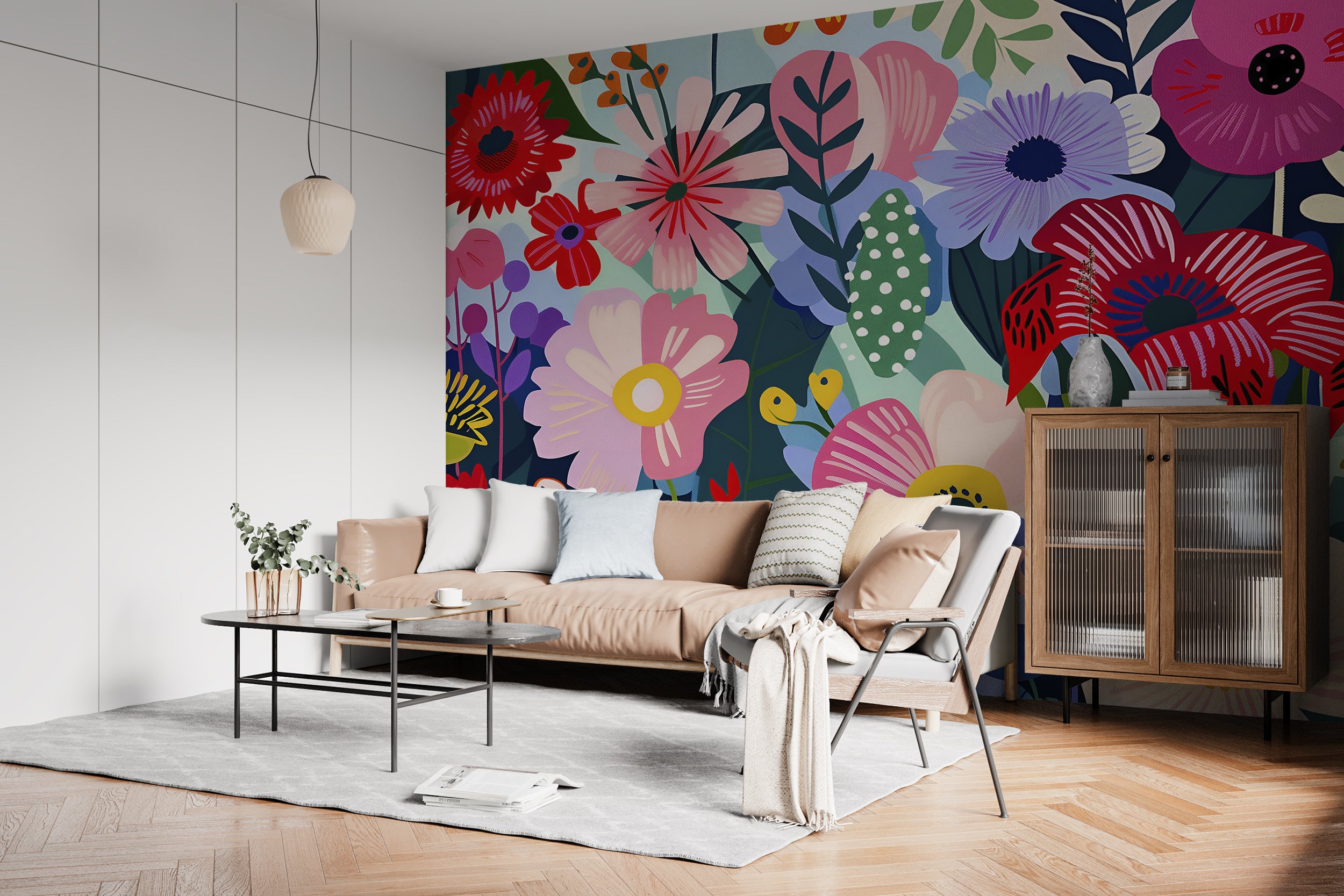 Colorful Abstract Flowers Wallpaper, Peel and Stick Modern Floral Mural, Large Wild Flowers Wall Decor, Removable Meadow Flowers Art