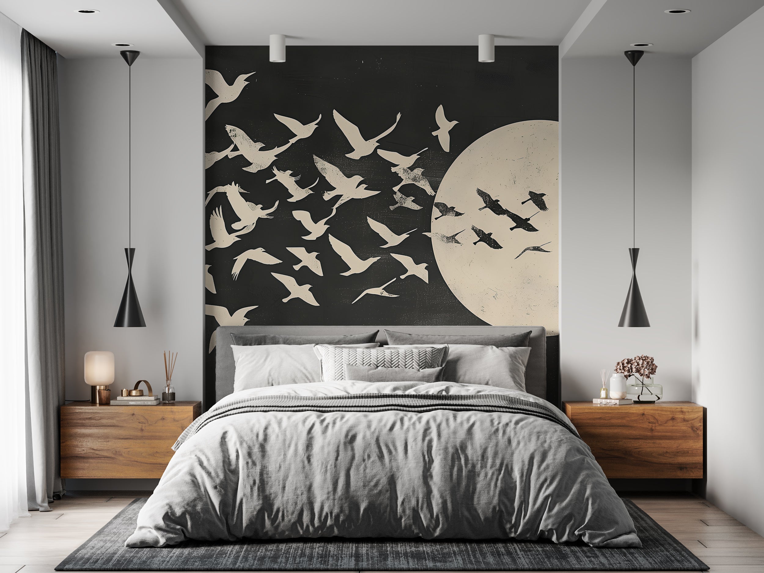 Abstract Birds Swallow Mural, Black and White Abstract Wallpaper, Peel and Stick Japanese Birds and Sun Art, Removable Two-Color Decor