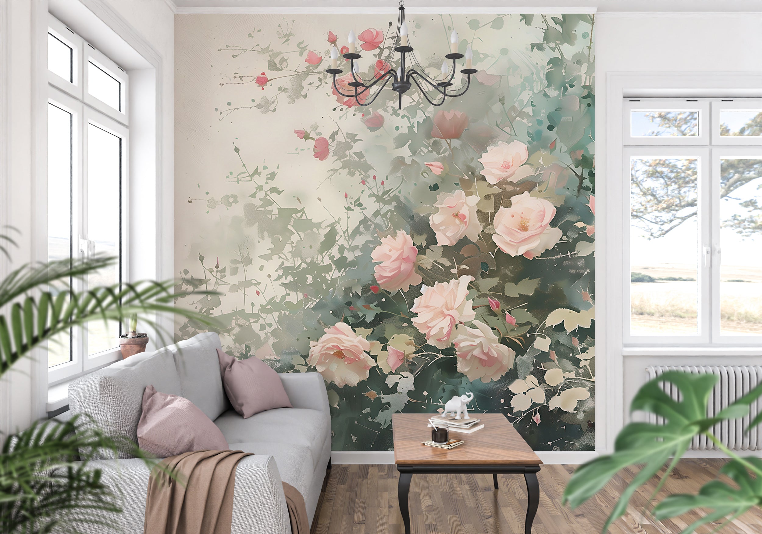 Watercolor Wild Roses Wallpaper, Peel and Stick Flower Bush Mural, Soft Green Botanical Wallpaper, Removable Floral Wall Art