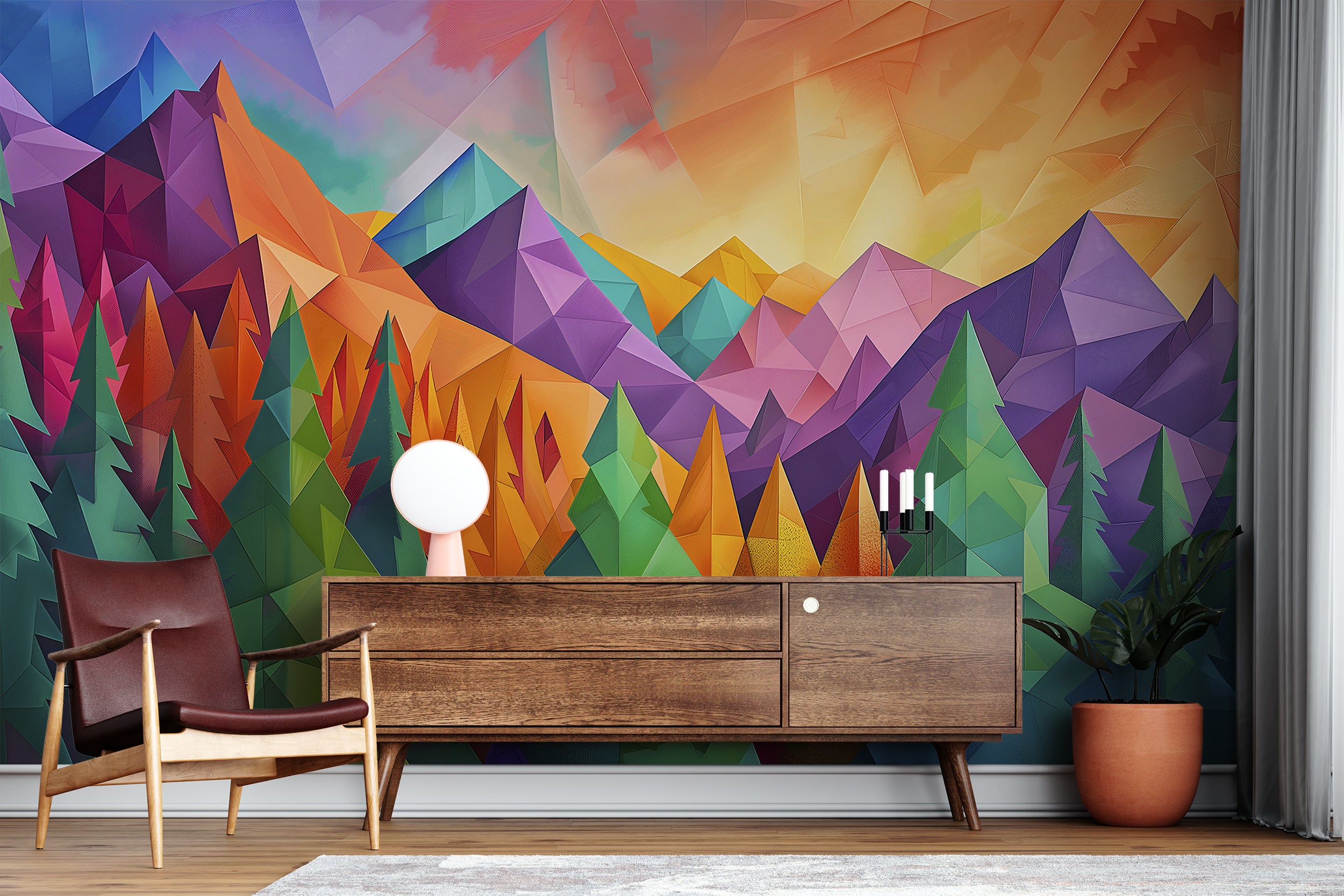 Colorful Mountains and Forest Landscape Mural, Peel and Stick Nature in Cubism Style Mural, Abstract Pine Trees Mural, Geometric Shapes Art