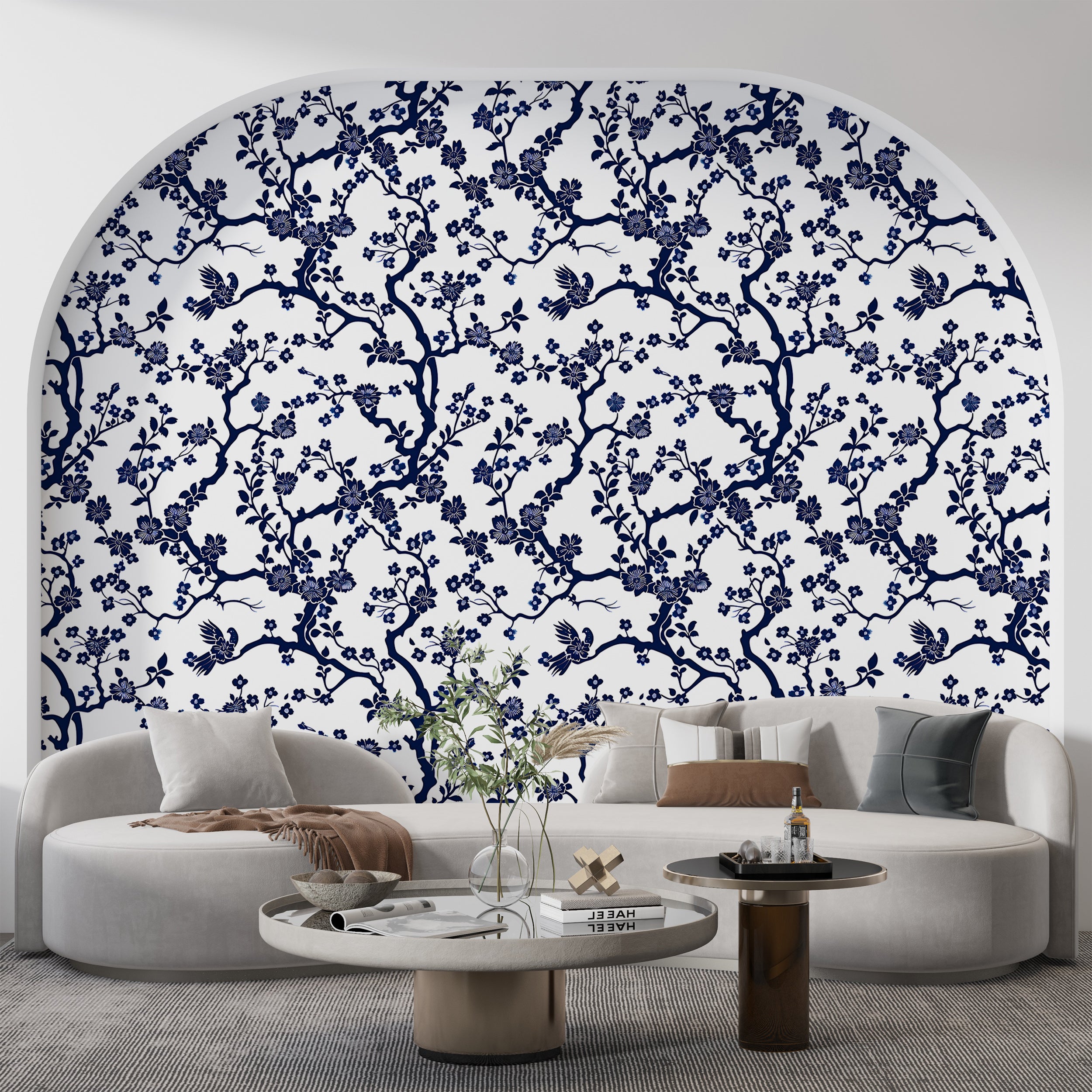 Blue and White Floral Wallpaper, Peel and Stick French Style Botanical Decor, Small Flowers and Branches Wallpaper, Removable Blue Floral