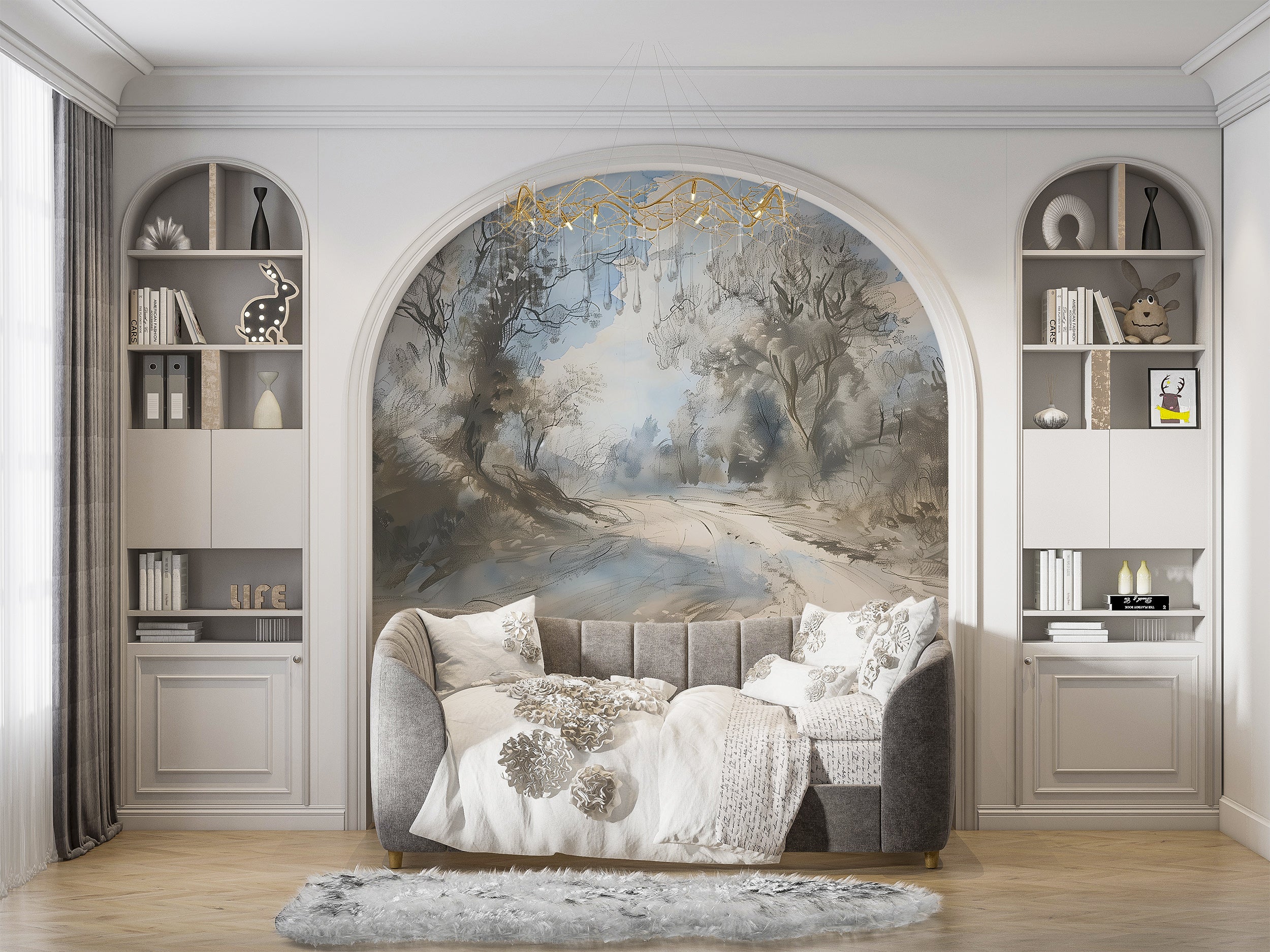 Scenic Vintage Landscape Wallpaper, Peel and Stick Pastel Colors Road and Trees Mural, Old Style Classic Countryside Mural, Removable Nature