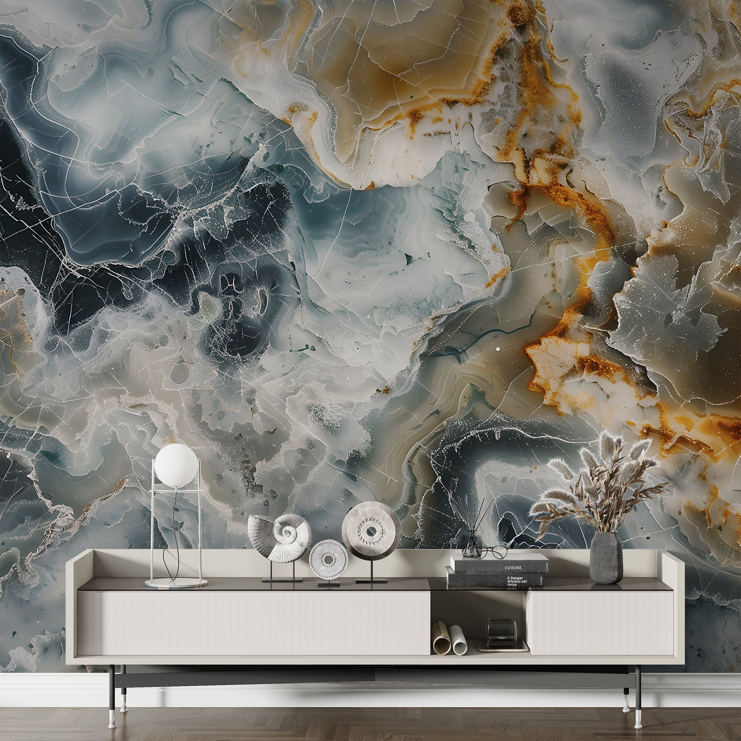 Muted Green Grey and Brown Marble Mural, Peel and Stick Natural Marble Wallpaper, Removable Stone Accent Wall Decor