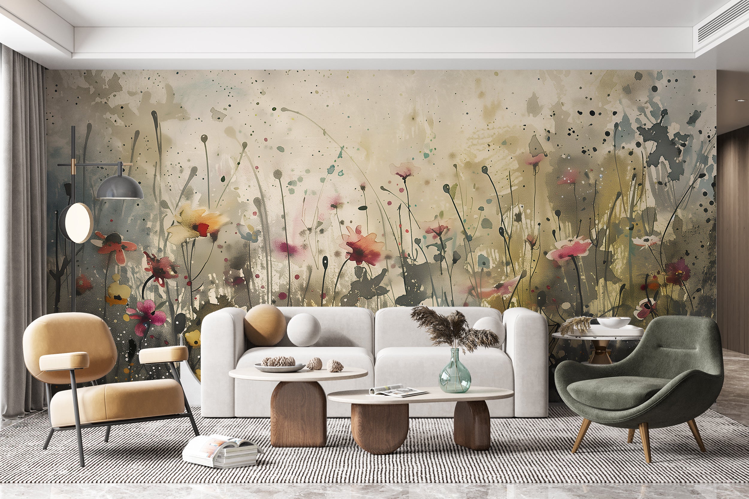 Abstract Watercolor Flower Field Mural, Peel and Stick Meadow Flowers Wallpaper, Removable Wild Floral Wall Decor, Beige Botanical Mural