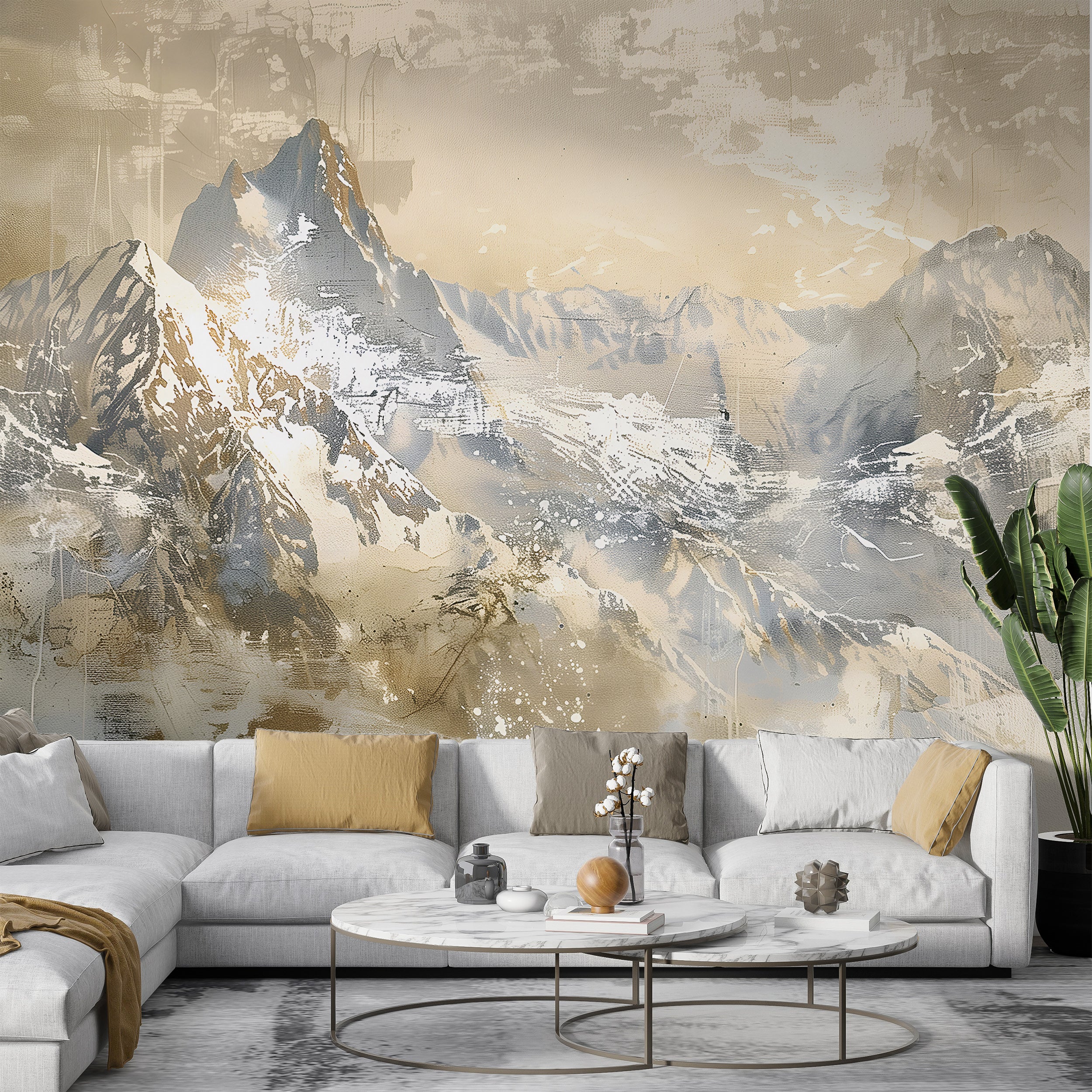 Abstract Beige Mountains Mural, Peel and Stick Watercolor Landscape Wallpaper, Removable Accent Wall Oil Painting Mountains Decor