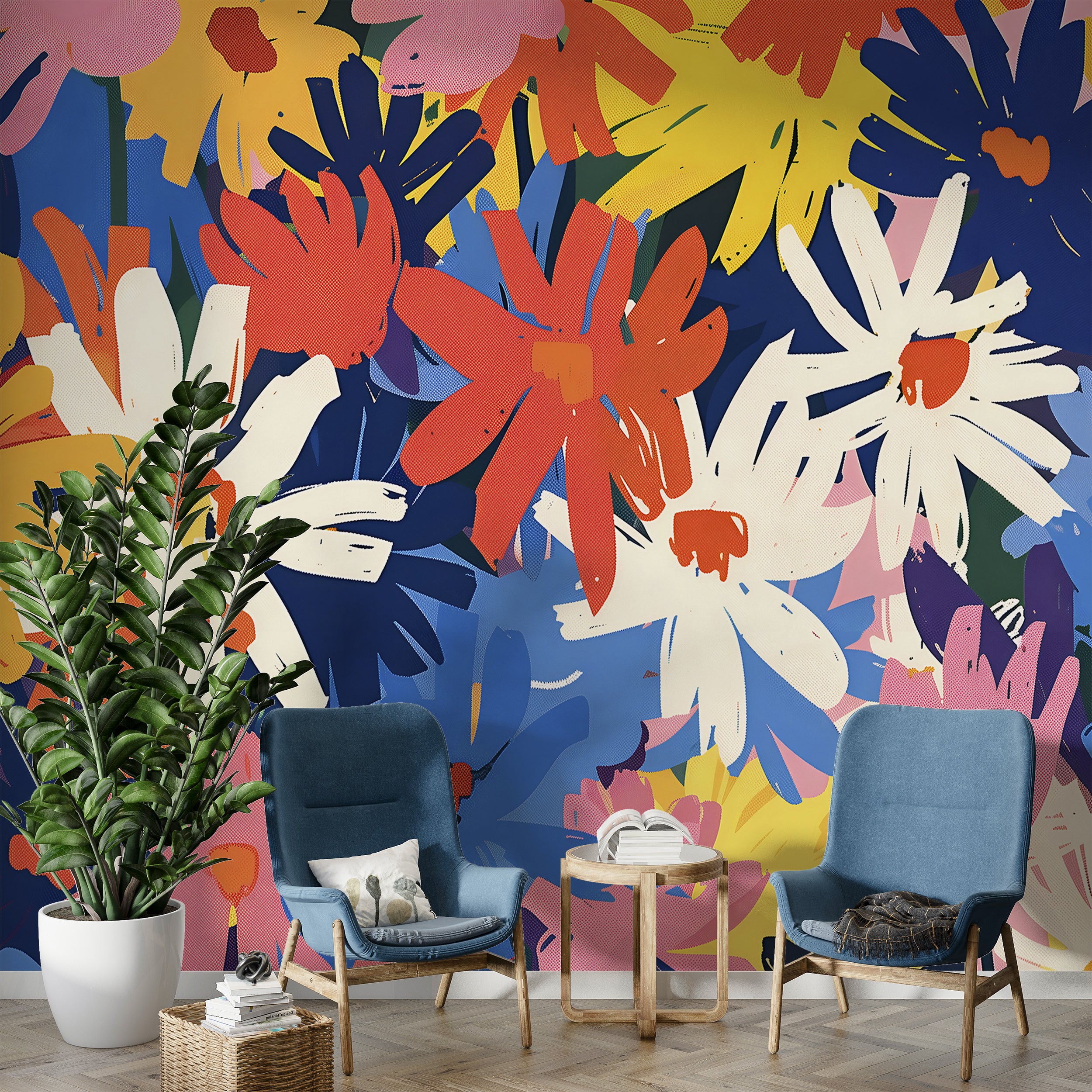 Colorful Daisies Wallpaper, Peel and Stick Abstract Floral Art, Removable Meadow Flowers Wall Mural, Nursery Colorful Botanical Wall Decor