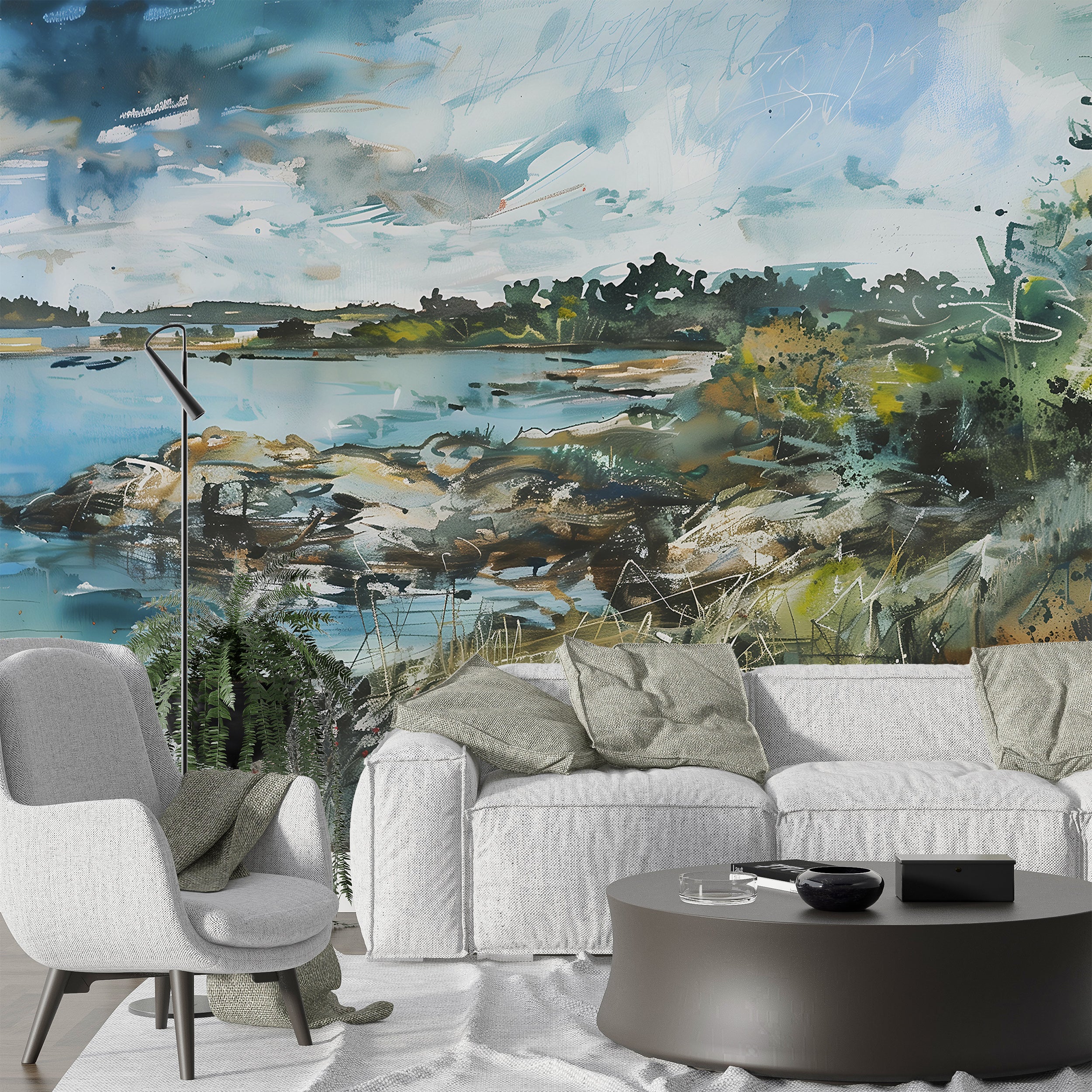 Lake Landscape Painting Wall Mural, Watercolor Scenic Wallpaper, Peel and Stick Abstract Nature Mural, Removable Oil Painting Style Nature Art
