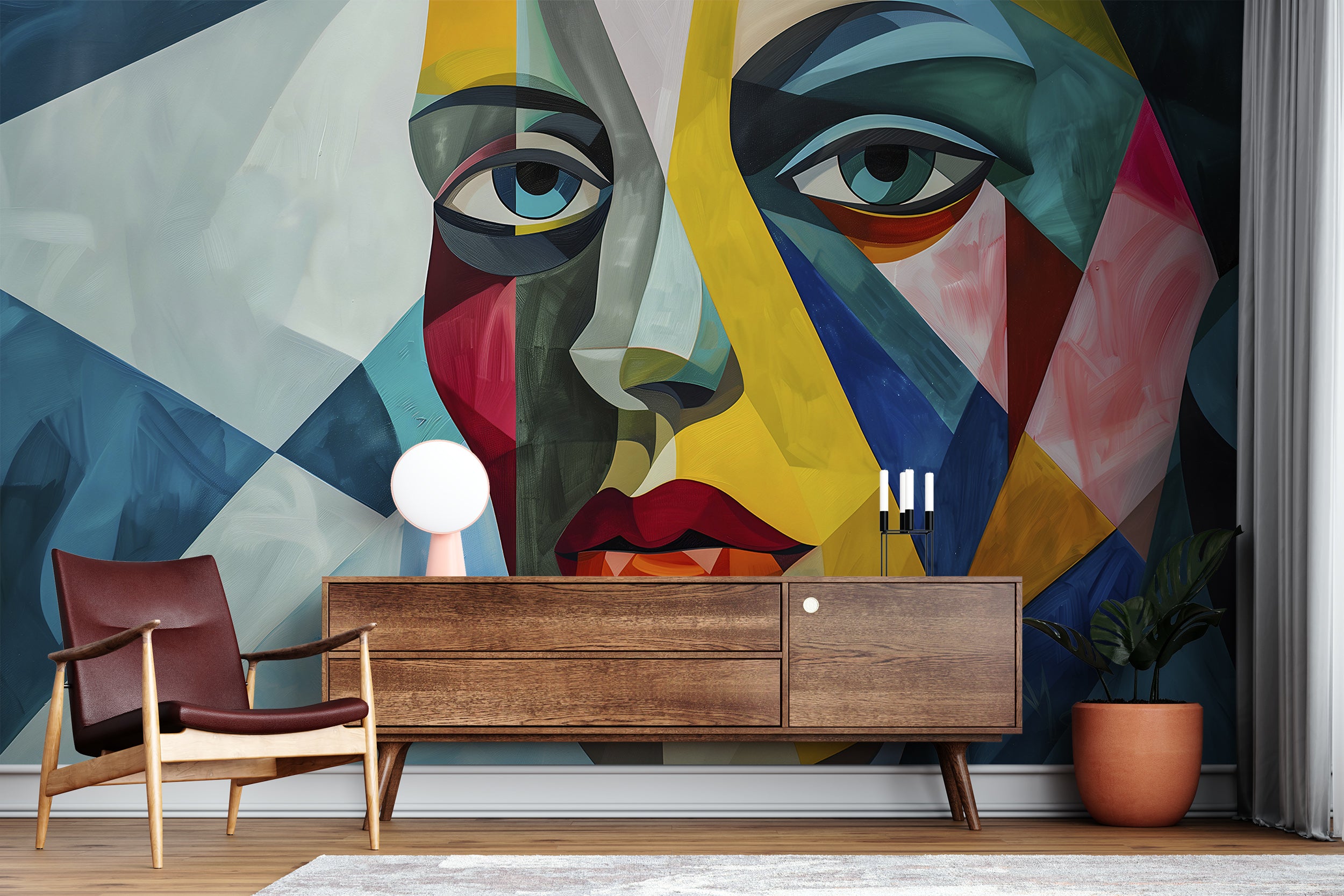 Abstract Cubism Wallpaper, Peel and Stick Abstract Face Mural, Removable Colorful Geometrical Wallpaper, Shapes Modern Art