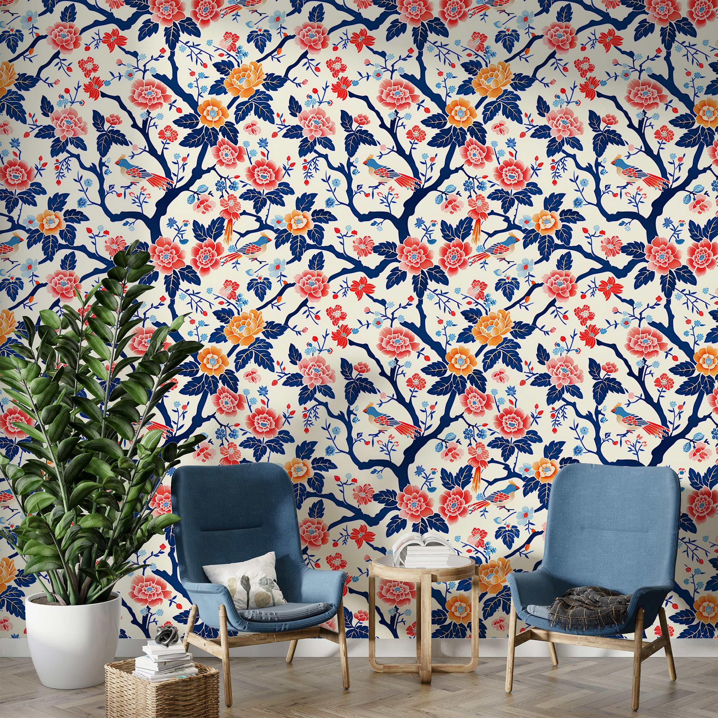 Blue white red floral wallpaper Red yellow flowers peel and stick wallpaper
