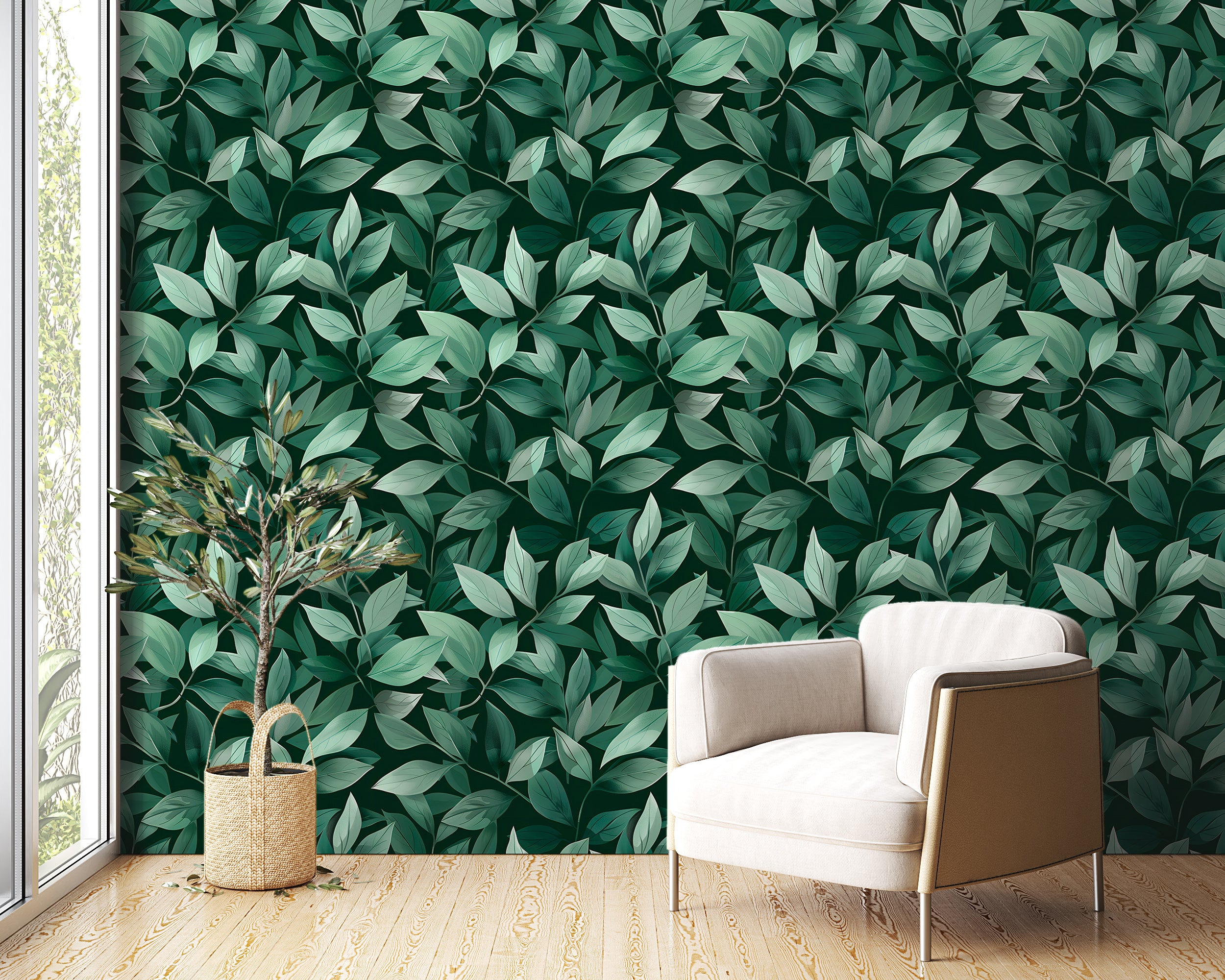 Green Leaves Wallpaper, Peel and Stick Greenery Wall Decor, Removable Dark Green Botanical Wallpaper, Tree Leaves Pattern Wallpaper