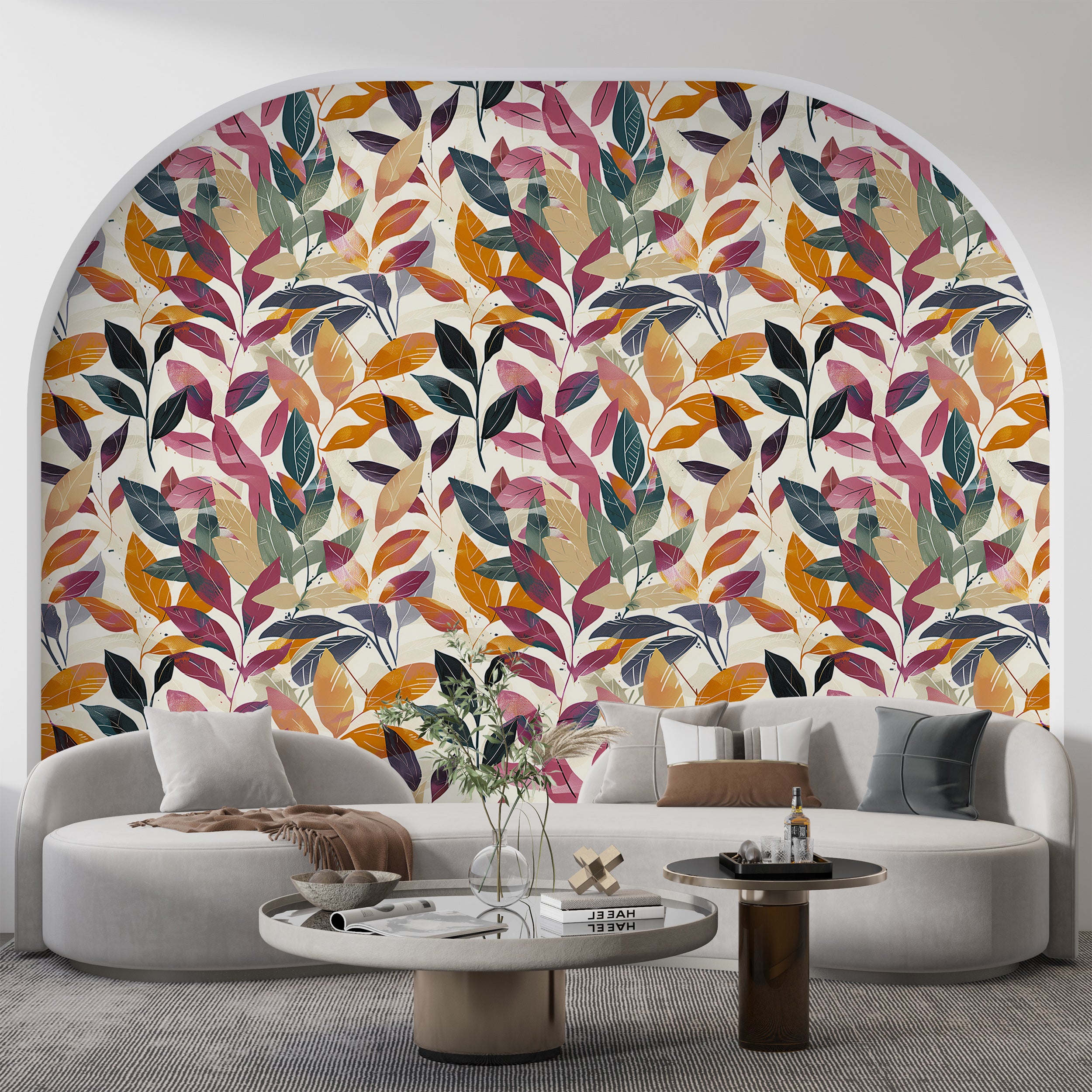 Autumn Leaves Wallpaper, Peel and Stick Colorful Leaf Wallpaper, Removable Red and Orange Botanical Wall Decor