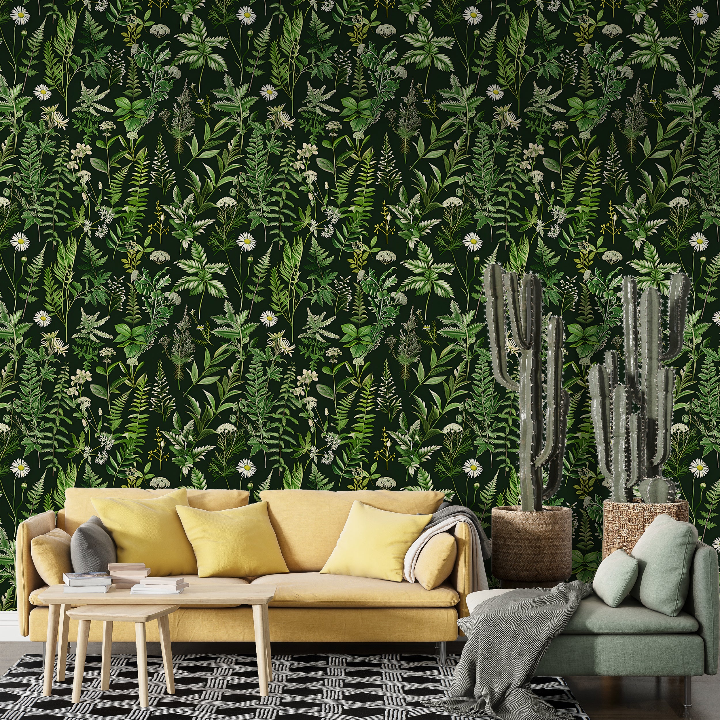 Dark Fern Wallpaper, Peel and Stick Greenery Wall Decor, Removable Black and Green Botanical Wallpaper, Green Fern Leaves Pattern