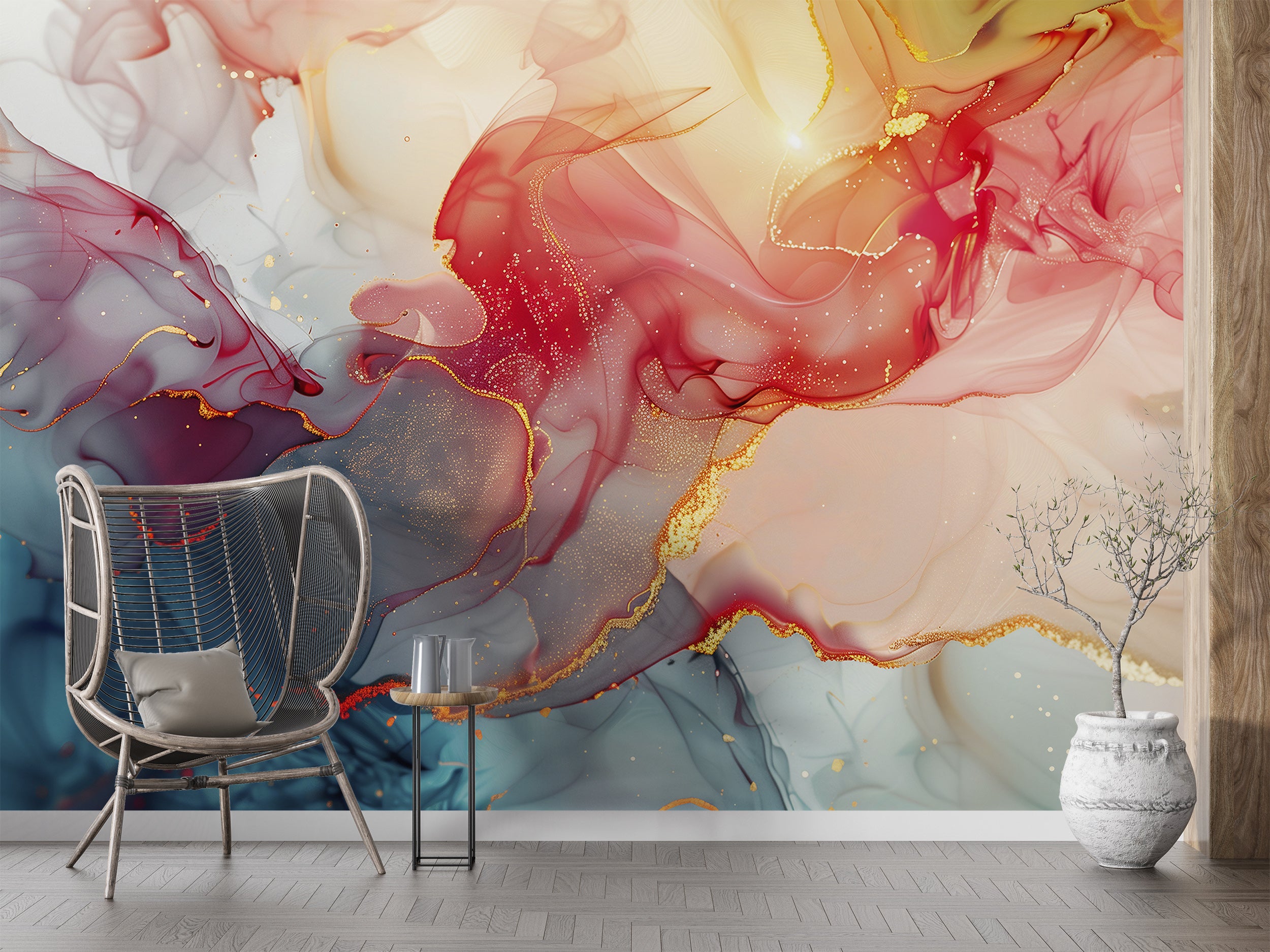 Colorful Alcohol Ink Wall Mural, Peel & Stick Abstract Wallpaper, Multi Color Liquid Surface Wallpaper, Removable Accent Red Blue Yellow Art